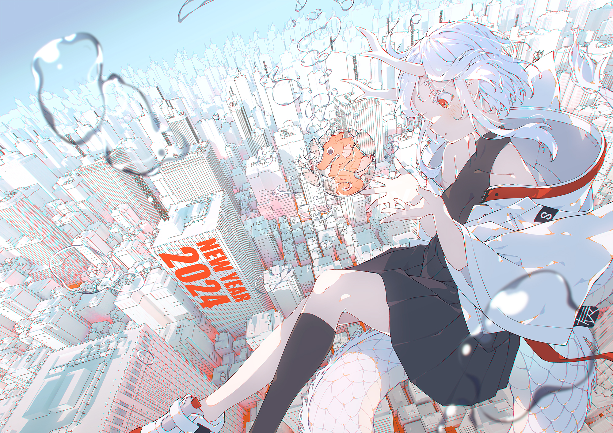 Anime 2000x1414 anime anime girls city falling building clear sky cityscape water drops antlers skyscraper New Year missing stocking red eyes dragon girl open jacket HOJI bare shoulders 2024 (year)