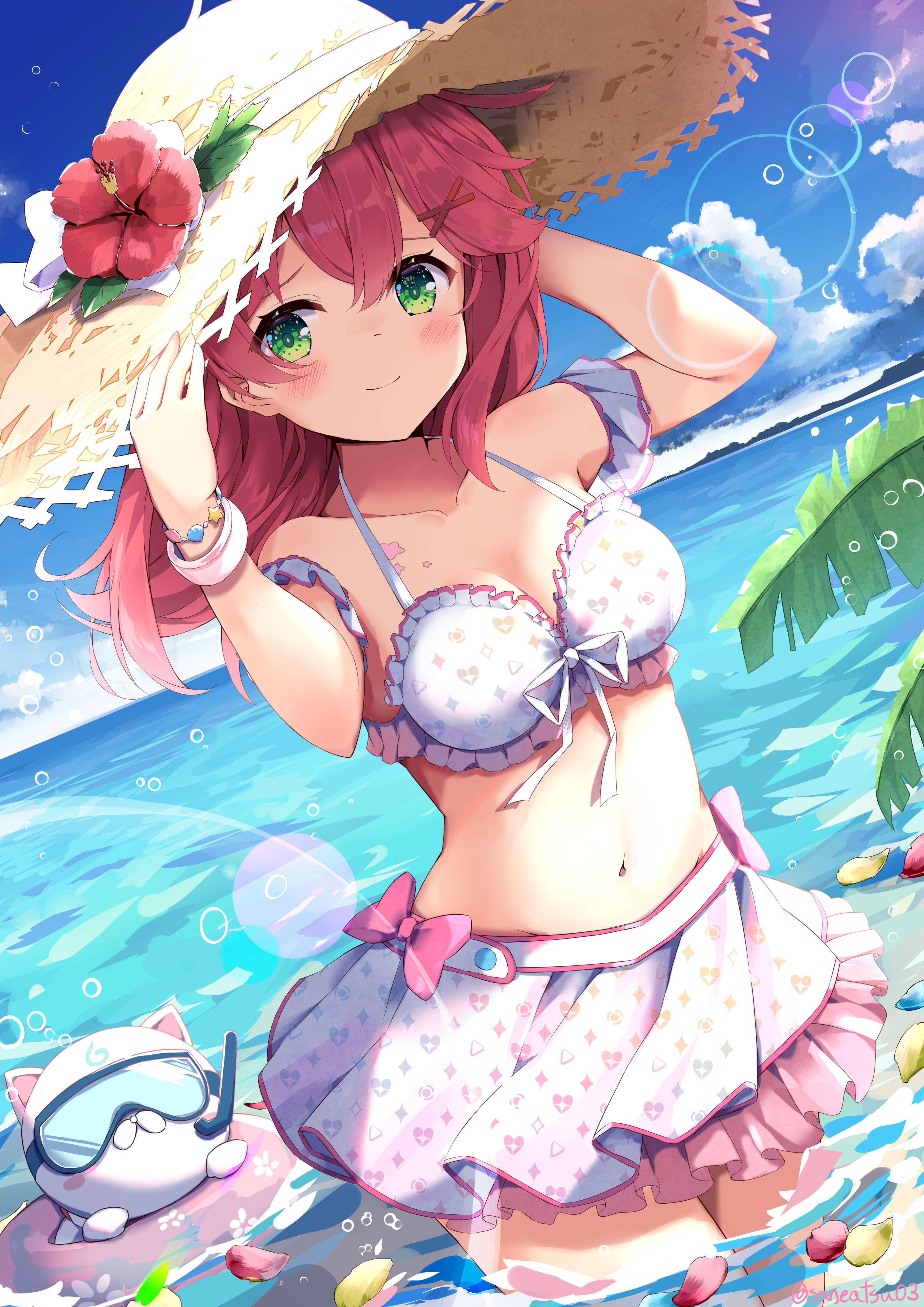 Anime 2894x4093 anime anime girls niwasane Sakura Miko Virtual Youtuber water Hololive looking at viewer portrait display leaves sunlight bikini sky clouds closed mouth blushing green eyes bracelets standing standing in water snorkels hair between eyes smiling hair blowing in the wind petals bubbles wind sun rays cleavage watermarked arms up frills straw hat