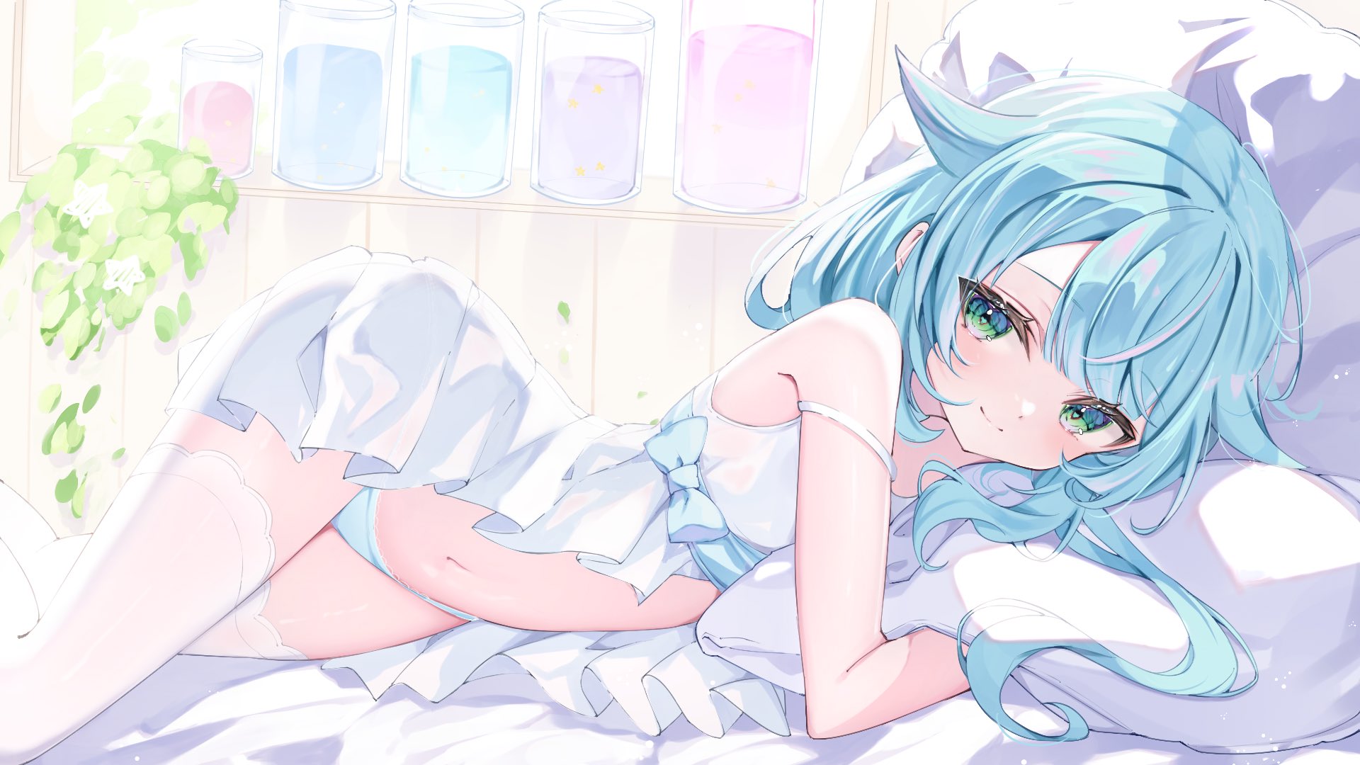 Anime 1920x1080 anime anime girls small boobs okomeillust hoshimura hotaru panties indoors women indoors lying down lying on side lingerie looking at viewer smiling closed mouth stockings off shoulder Virtual Youtuber blushing in bed bed pillow long hair blue eyes blue hair thighs together