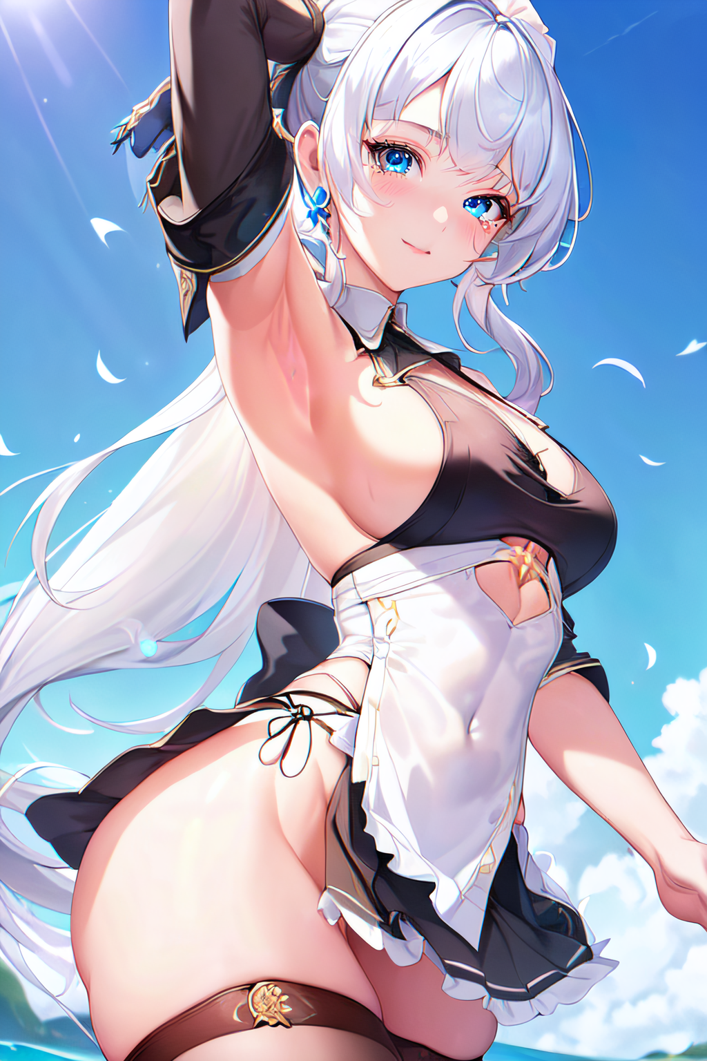 Anime 1024x1536 anime anime girls sideboob armpits white hair blue eyes petals clouds mole under eye AI art Alploo