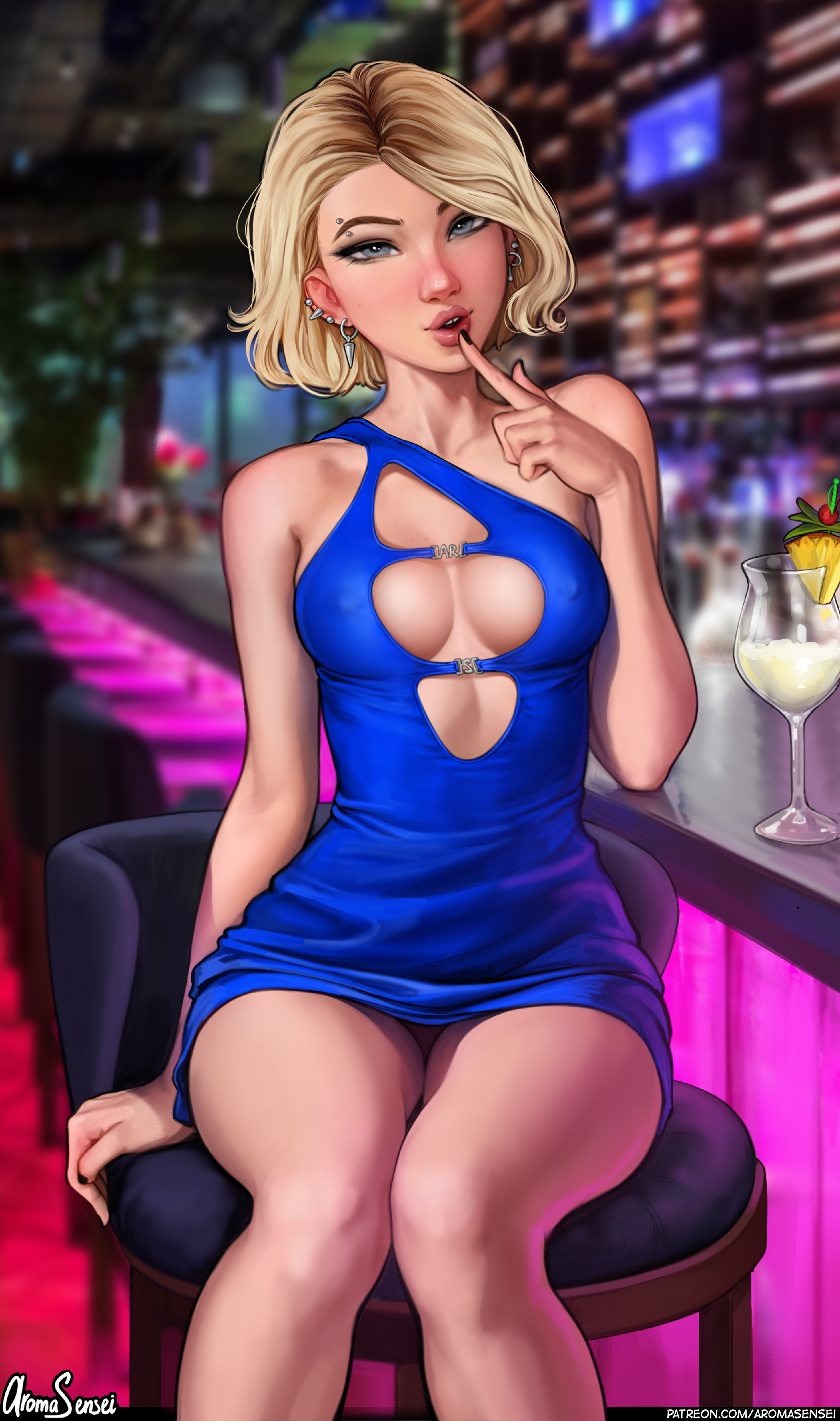 General 2939x4972 Gwen Stacy Marvel Comics fictional character bar blonde dress blue dress cleavage no bra upskirt 2D artwork drawing fan art Aroma Sensei nipple bulge