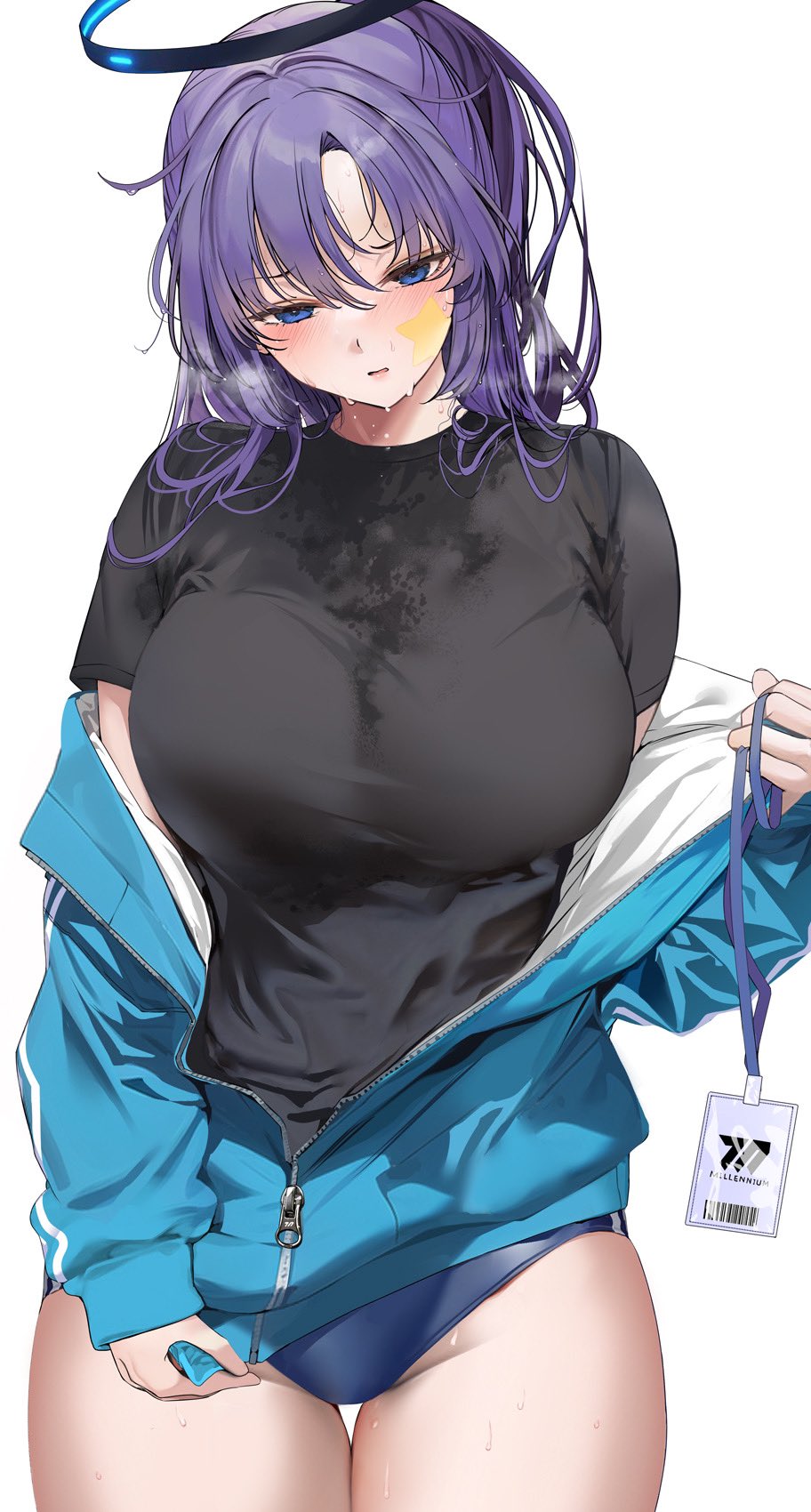 Anime 912x1700 anime anime girls big boobs purple hair blue eyes blushing Blue Archive Hayase Yuuka Marushin artwork black shirt sweat
