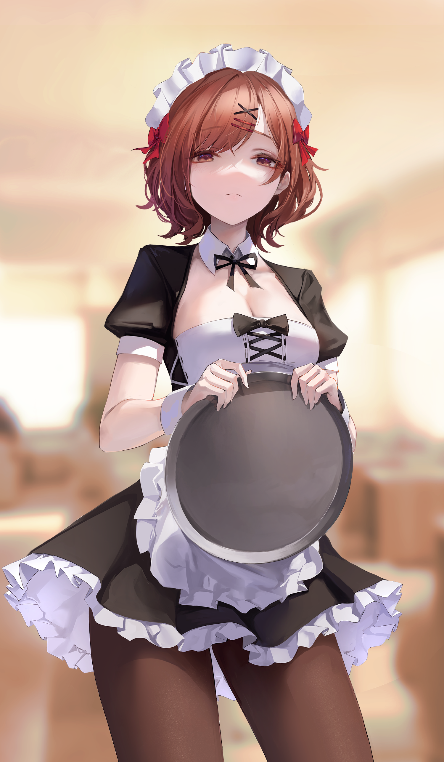 Anime 1500x2572 anime girls maid waitress maid outfit red ribbon short hair brunette brown eyes pantyhose black pantyhose moles mole under eye cleavage ribbon looking at viewer