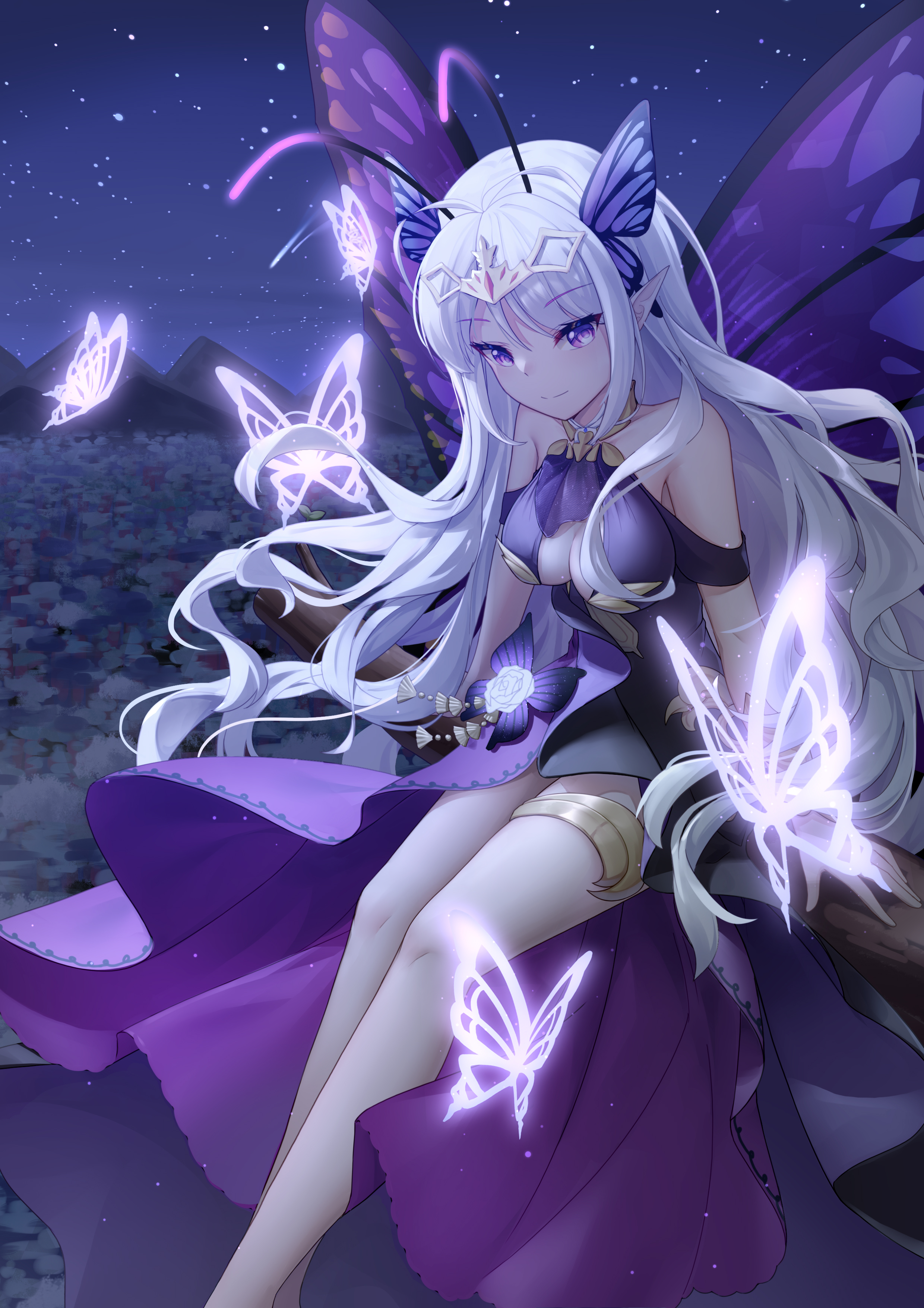 Anime 2480x3508 anime anime girls butterfly wings butterfly wings white hair pointy ears purple eyes cleavage cutout dress