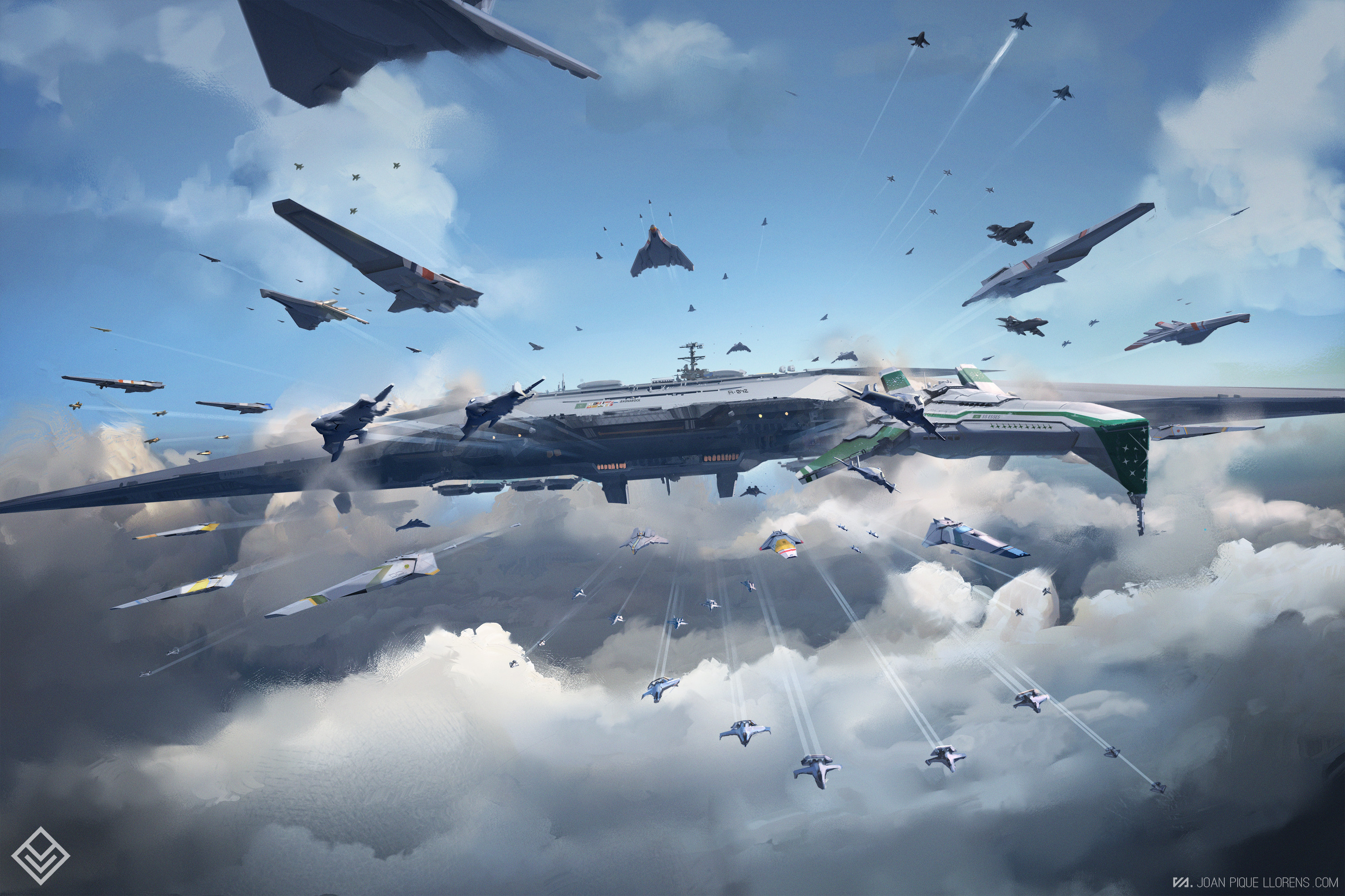General 3021x2013 science fiction spaceship clouds fantasy art sky aircraft carrier