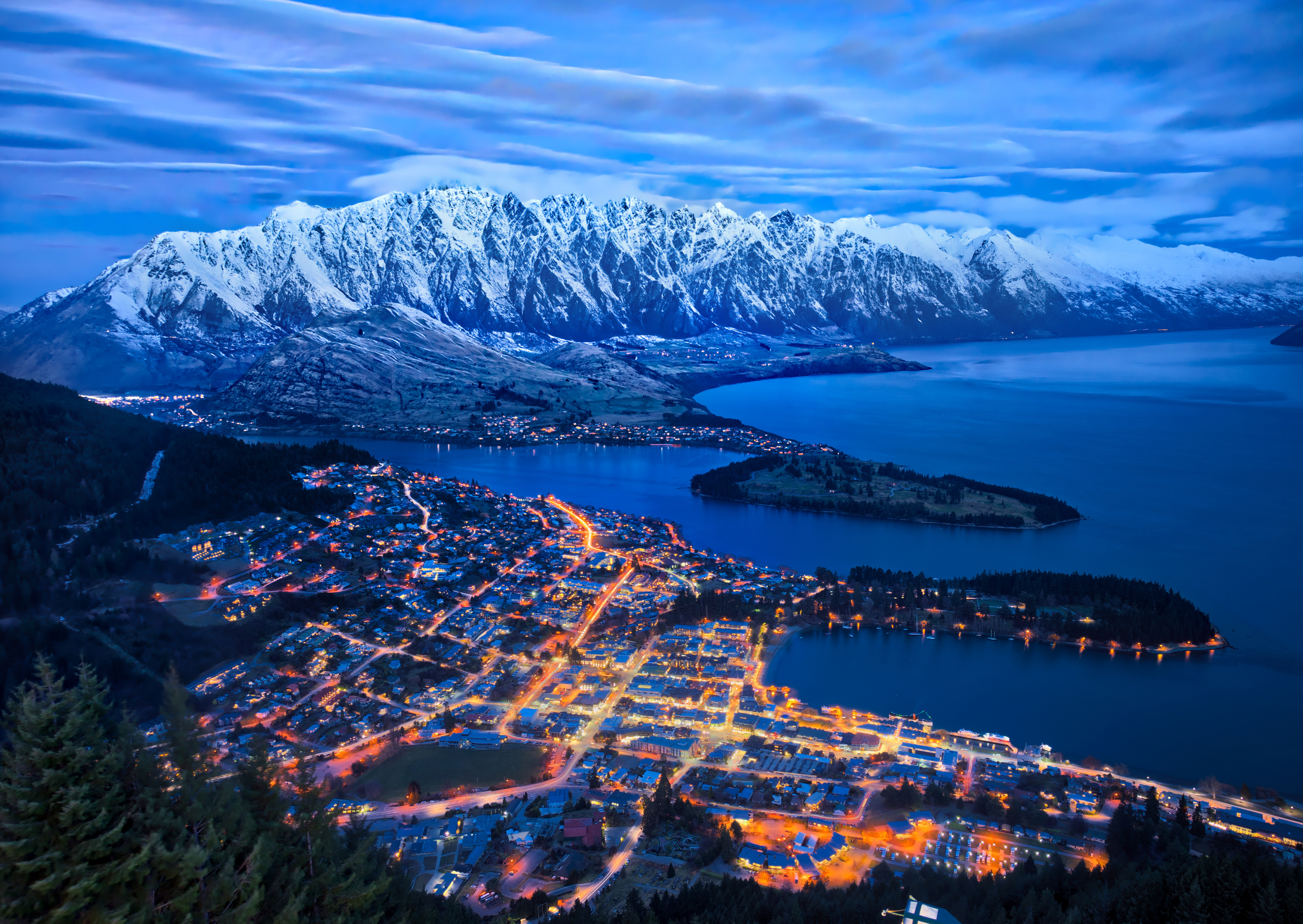 General 4795x3400 city night mountain view lagoon city lights snow mountains cityscape water Queenstown New Zealand