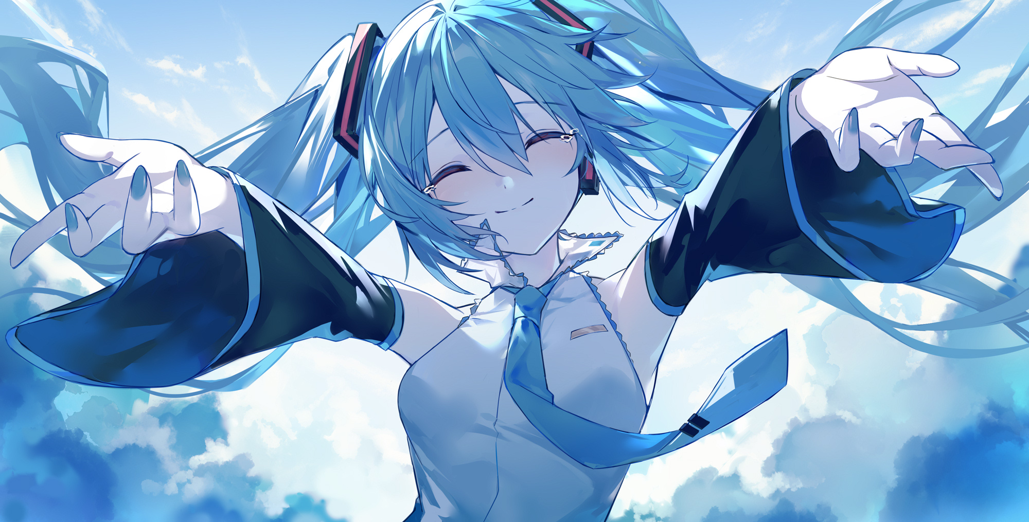 closed eyes, tears, blue hair, anime, anime girls, Hatsune Miku, Vocaloid,  twintails, clouds | 2000x1015 Wallpaper 