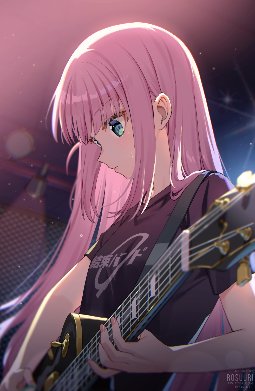 Anime 981x1503 anime anime girls guitar musical instrument pink hair blue eyes BOCCHI THE ROCK! Rosuuri artwork Gotou Hitori
