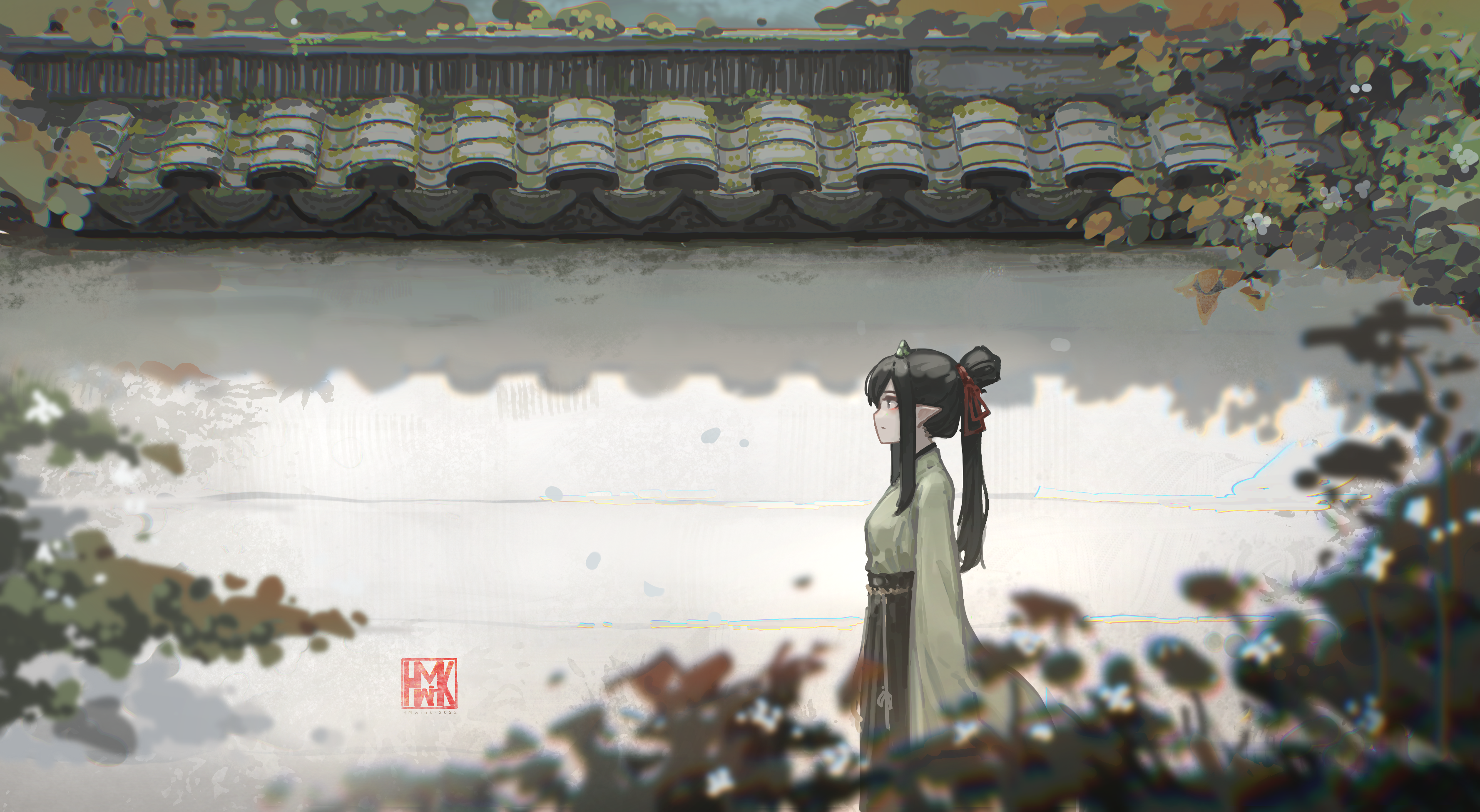 Anime 3555x1952 Hua Ming wink original characters chinese clothing wall Chinese architecture anime girls pointy ears Yun Xi