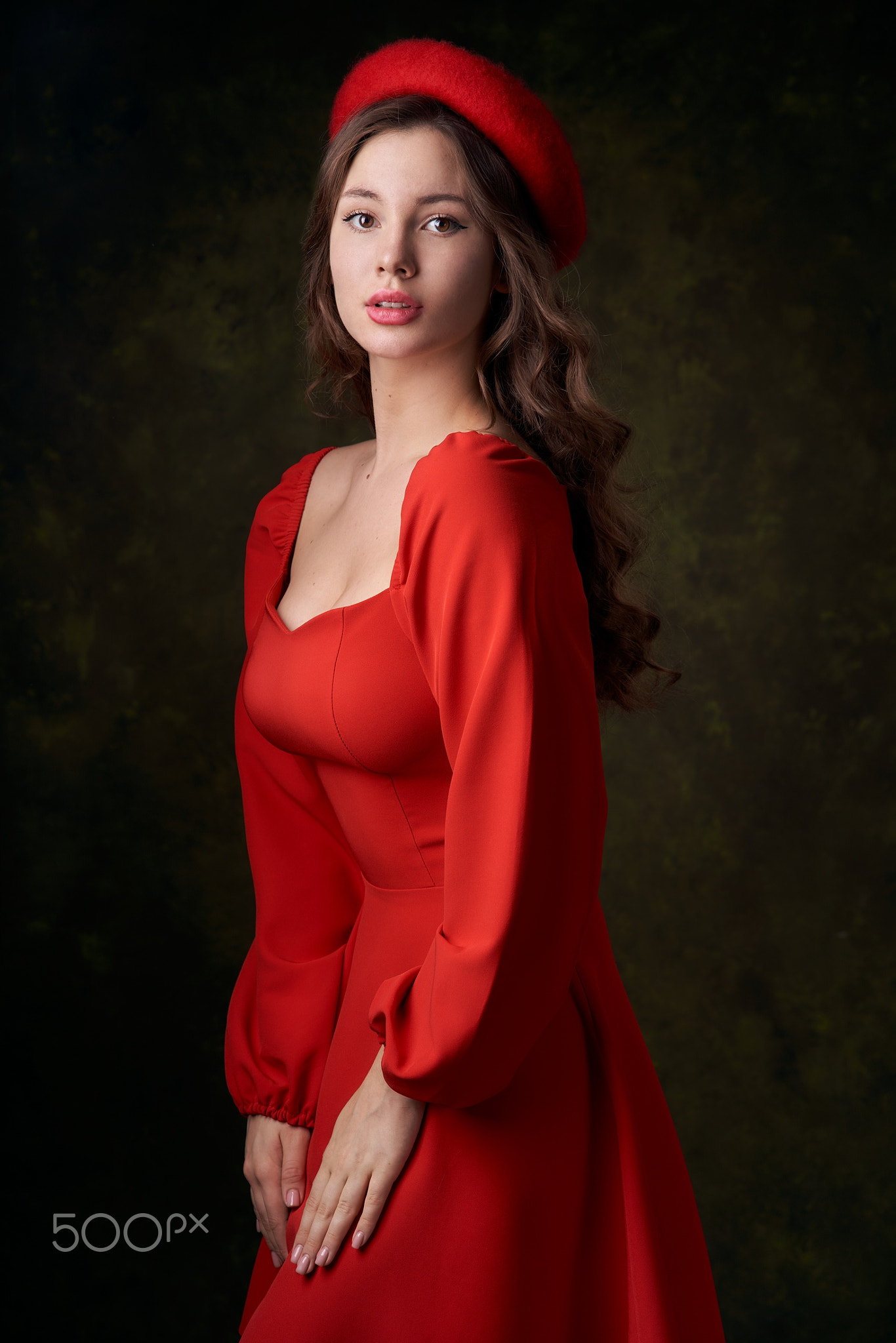 People 1366x2048 Alexander Vinogradov women hat brunette red clothing makeup simple background red dress berets Red cap wavy hair brown eyes