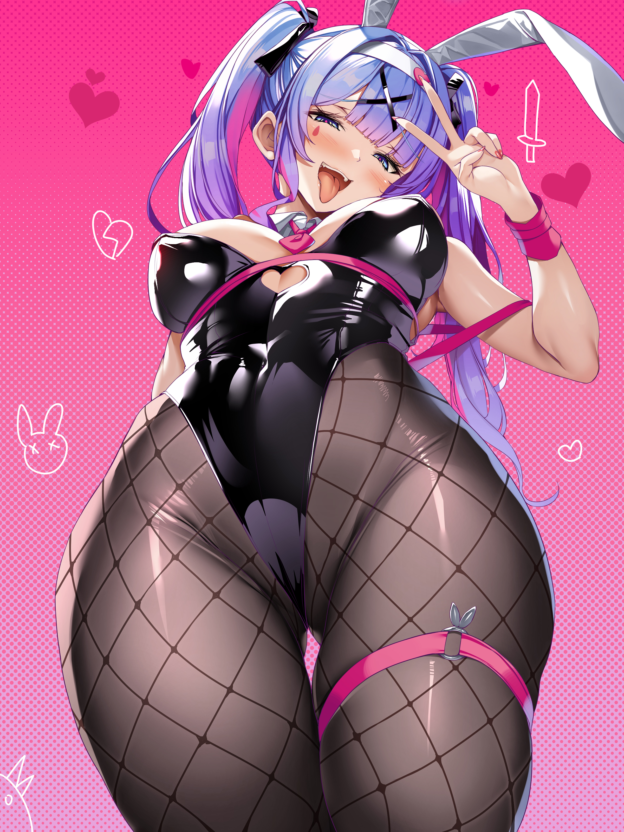 Anime 2400x3200 Vocaloid Hatsune Miku portrait display leotard bunny suit bunny girl peace sign tongue out head tilt pink ribbon black leotard Torisan simple background heart fishnet pantyhose tongues big boobs hair ornament looking at viewer thighs strapless leotard twintails low-angle hand gesture pink background the gap standing clothing cutout bunny ears thigh strap fishnet hair ribbon blue eyes blushing