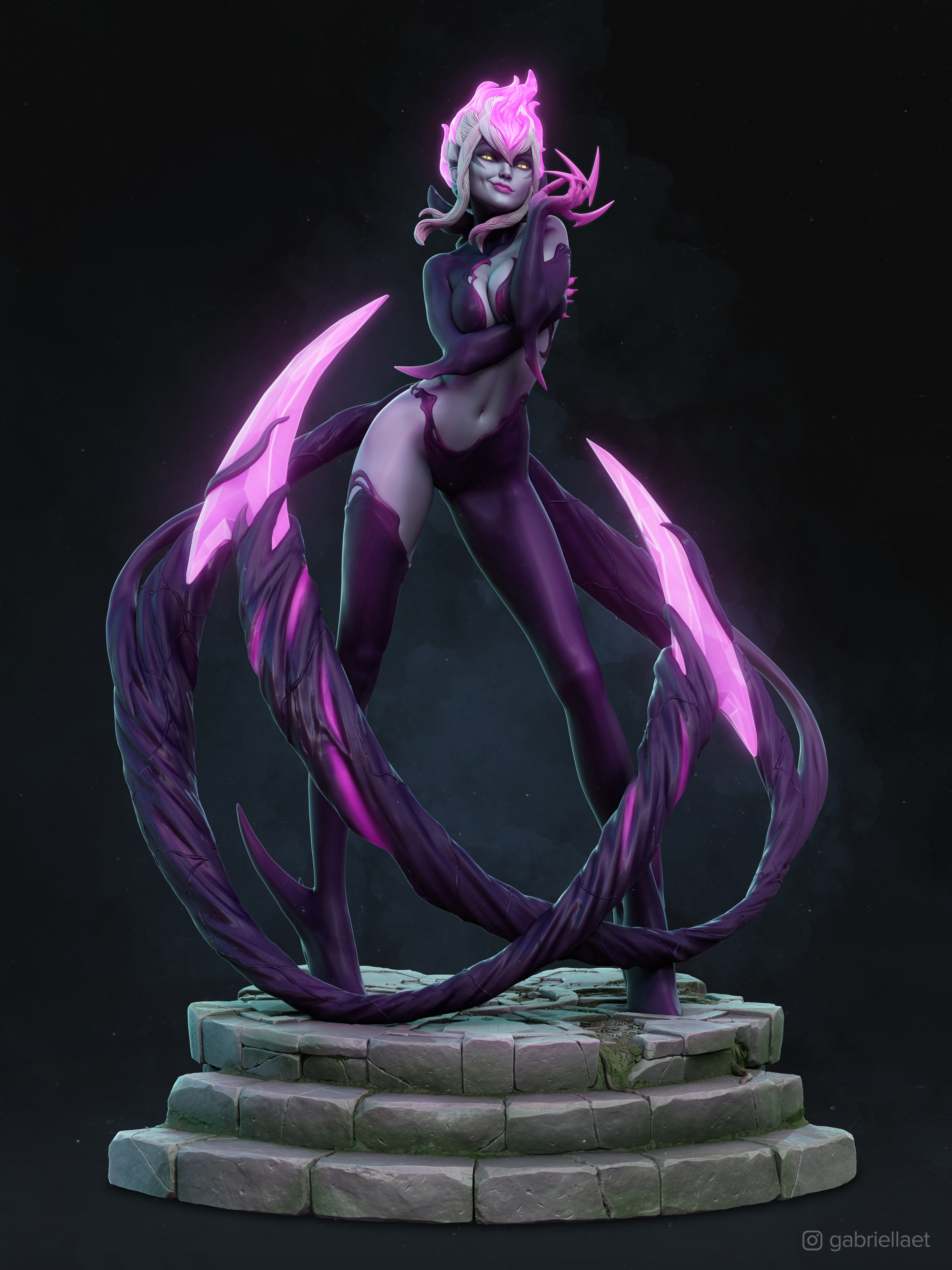 General 3750x5000 Gabriel Laet women Evelynn (League of Legends) purple claws CGI League of Legends steps portrait display standing hair between eyes skinny yellow eyes closed mouth glowing eyes glowing pink simple background watermarked cleavage pressed boobs belly slim body minimalism