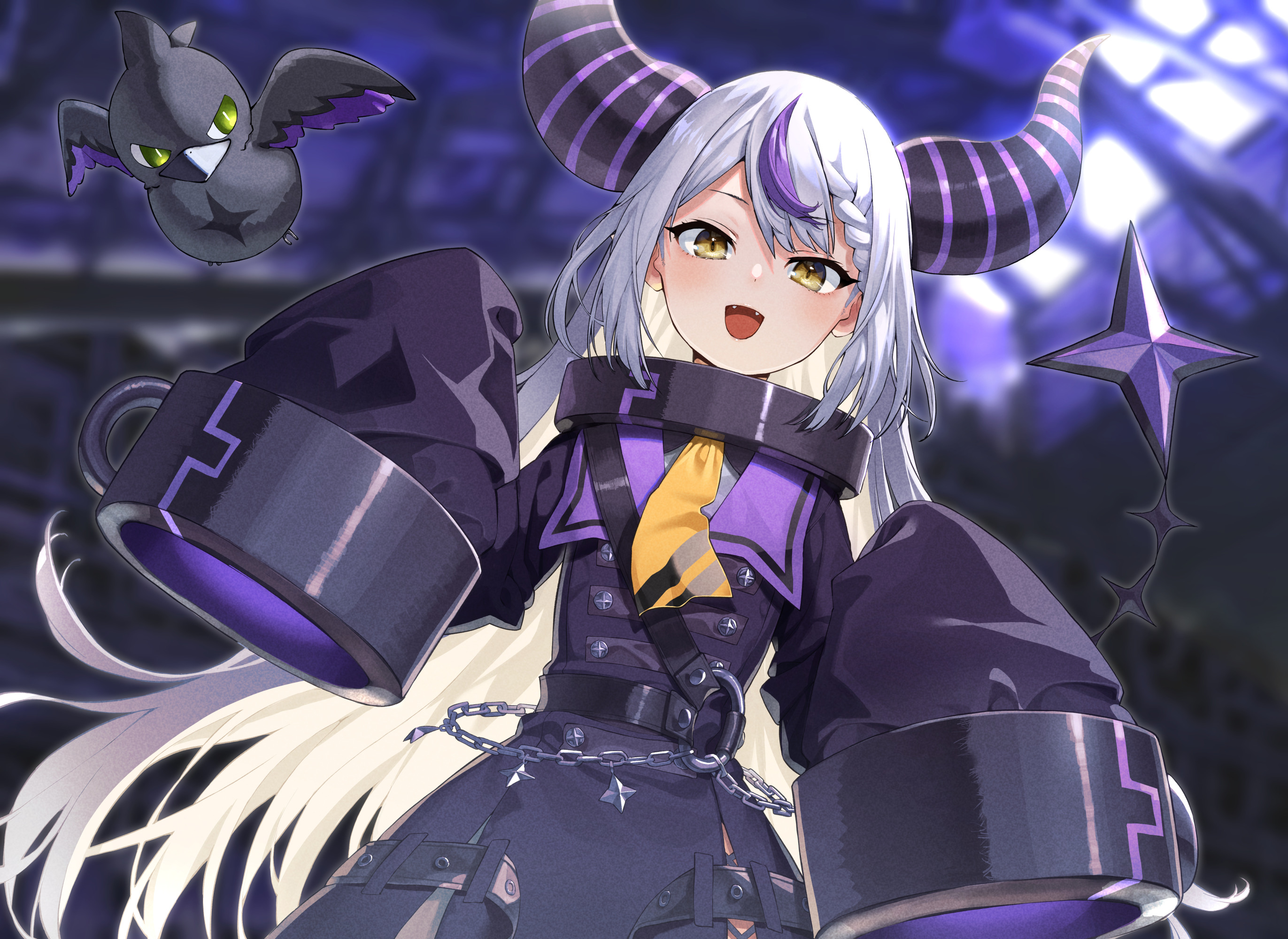 Anime 2743x2000 Laplus Darknesss Hololive demon horns yellow eyes long hair dark background horns chains braids Virtual Youtuber smiling open mouth stars wide sleeves long sleeves standing anime girls two tone hair blurred blurry background Kabu frontal view skinny