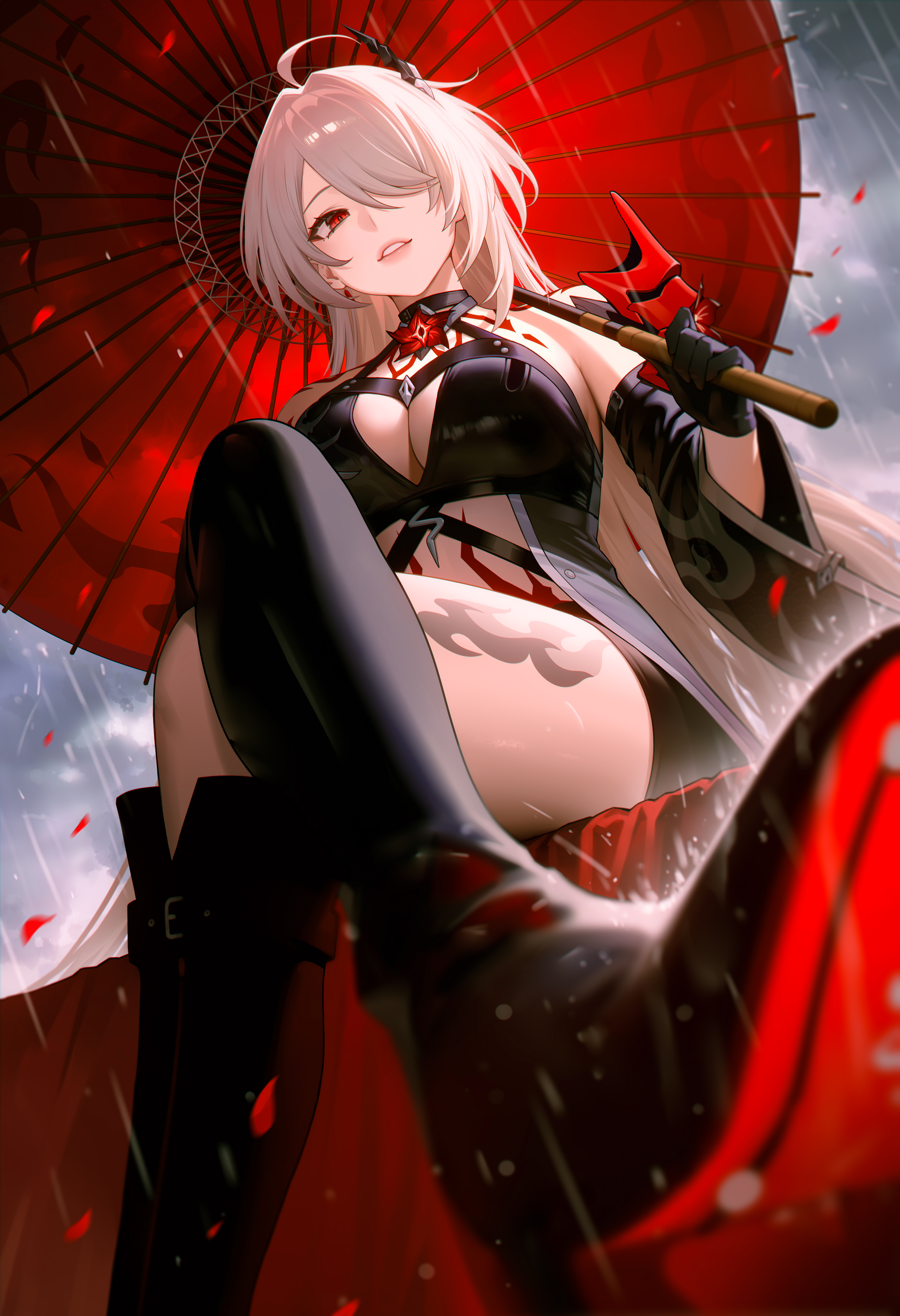 Anime 3430x5016 Honkai: Star Rail low-angle portrait display umbrella Acheron (Honkai: Star Rail) hair over one eye boots worm's eye view 95--- big boobs legs crossed women outdoors rain cleavage cutout petals detached sleeves gloves looking at viewer tattoo black gloves white hair red eyes red umbrella anime girls parted lips