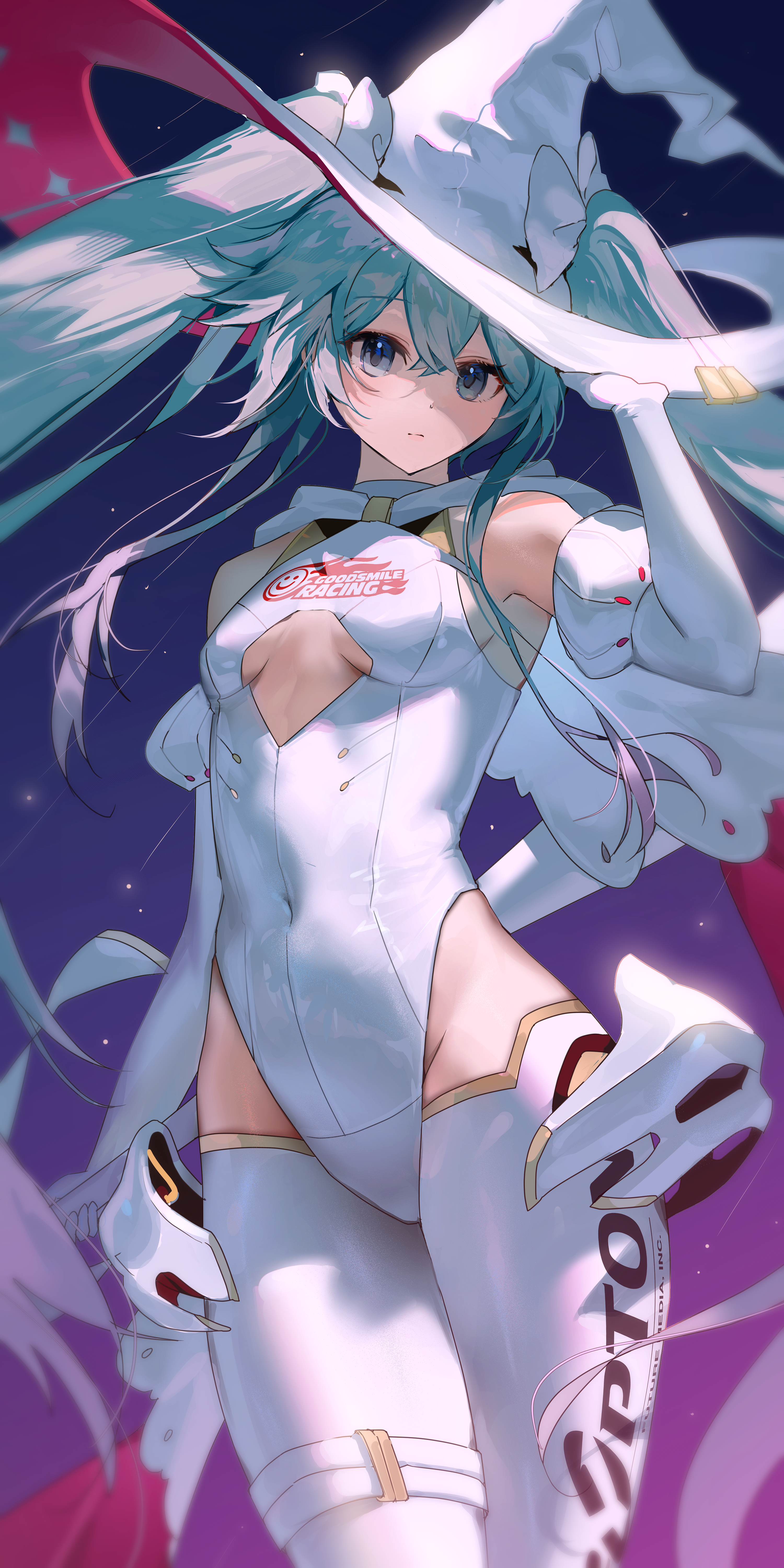 Anime 3000x6000 Hatsune Miku anime anime girls Vocaloid white leotard twintails witch hat white clothing looking at viewer skinny nannaspad long hair hair between eyes hips bare shoulders gloves elbow gloves white gloves small boobs blue hair blue eyes closed mouth leotard portrait display