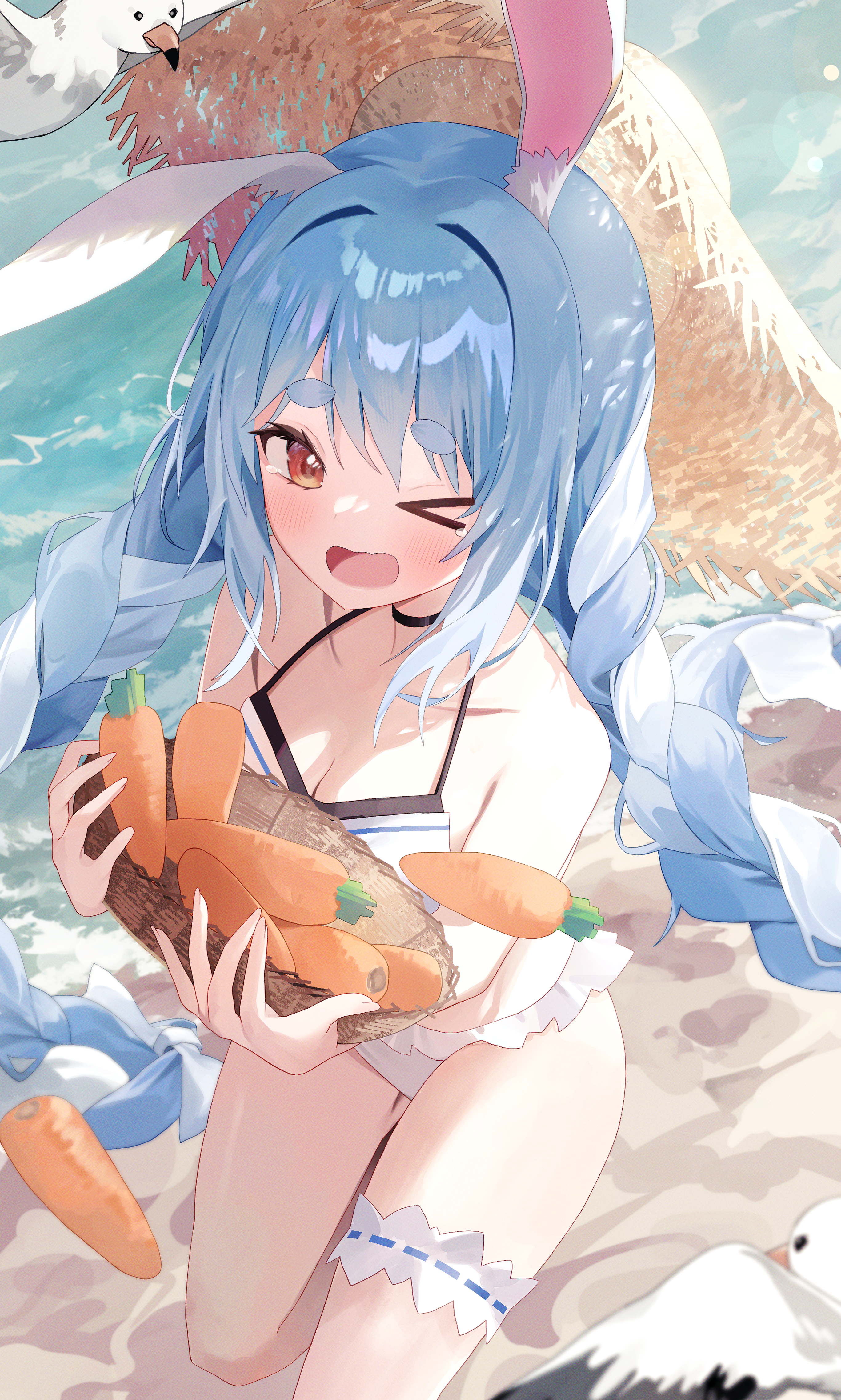 Anime 2733x4550 Hololive Usada Pekora anime anime girls nel dcm thick eyebrows one eye closed carrots portrait display long hair two tone hair bunny ears bunny suit open mouth straw hat sunlight looking at viewer leg garter vegetables collarbone birds wings beak cleavage twintails beach women on beach baskets bikini frills sand water waves hat women with hats sun hats blushing Virtual Youtuber tears