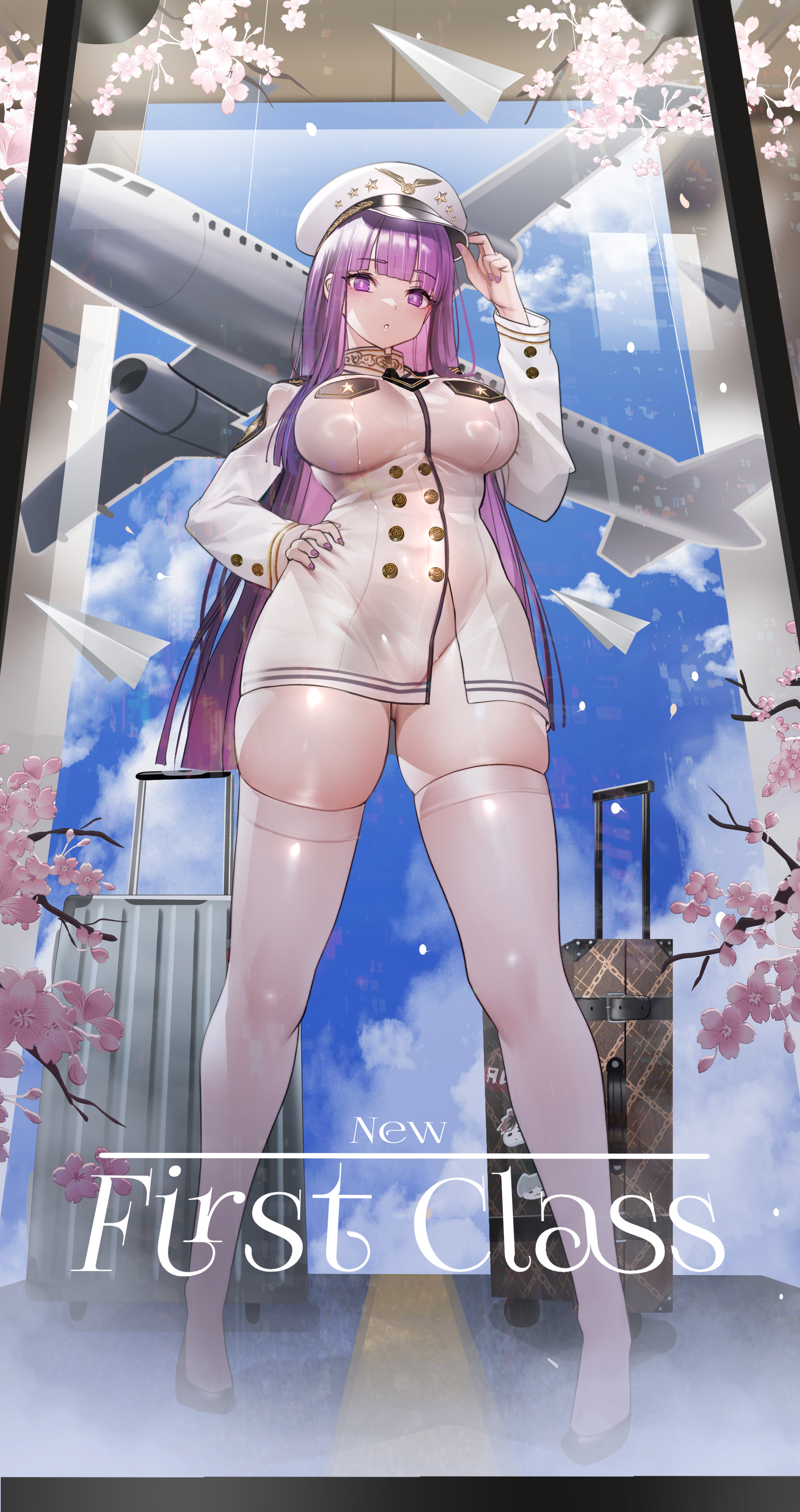 Anime 2208x4172 Sousou No Frieren suitcase portrait display stockings Fern (Sousou No Frieren) big boobs anime girls looking at viewer jacket airplane hands on hips white stockings standing cherry blossom long hair purple hair paper planes purple eyes purple nails long sleeves Khanshin nopan sky petals clouds hat thighs tight clothing bottomless white jacket blunt bangs text see-through clothing skindentation aircraft