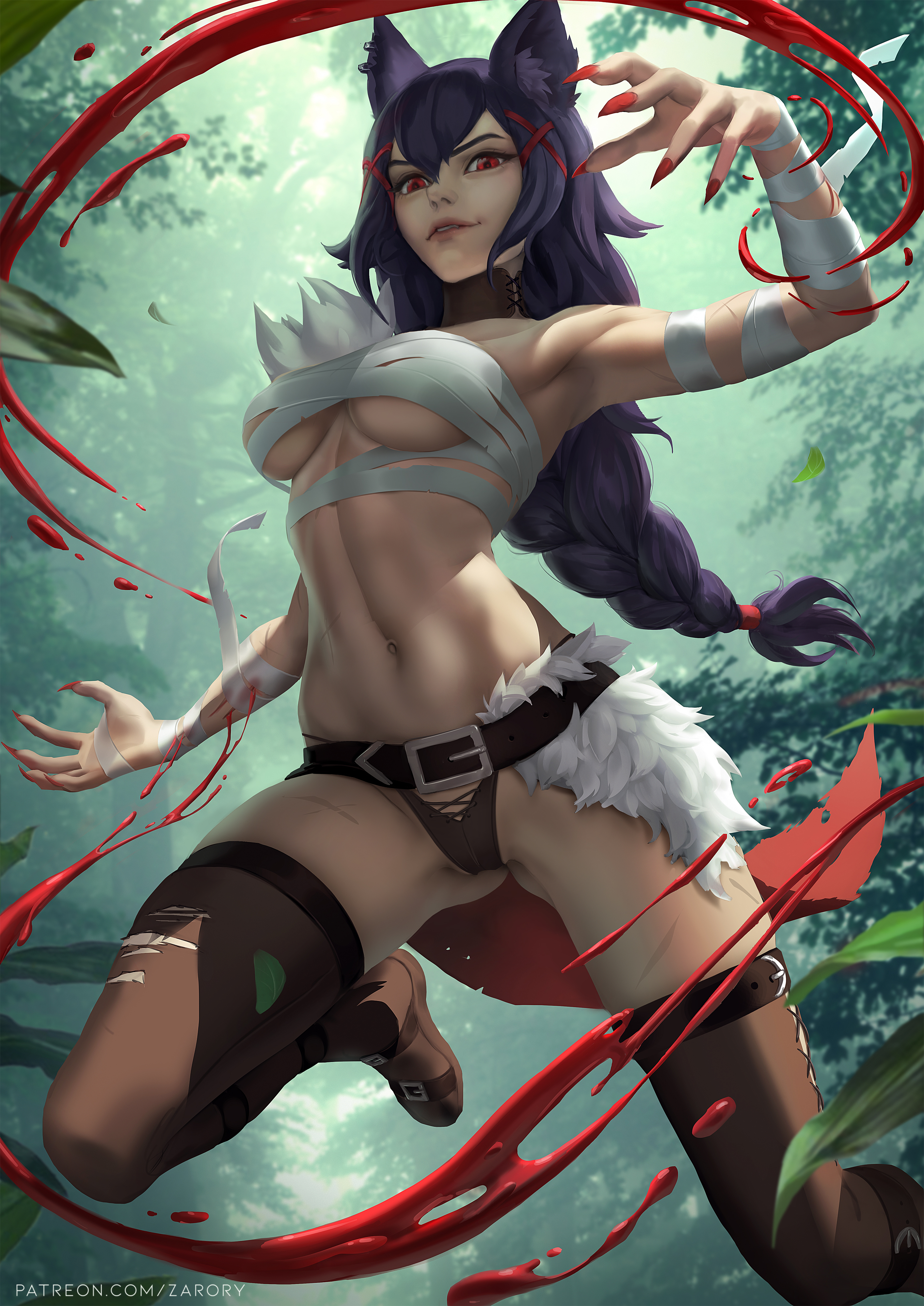 Anime 2830x4000 fantasy girl anime girls original characters artwork drawing Zarory Saber (OC) hair between eyes anime portrait display long hair parted lips dark hair red eyes looking at viewer torn stockings blood red nails painted nails long nails watermarked leaves hair ornament wolf girls wolf ears skinny scars fur armpits women outdoors sarashi