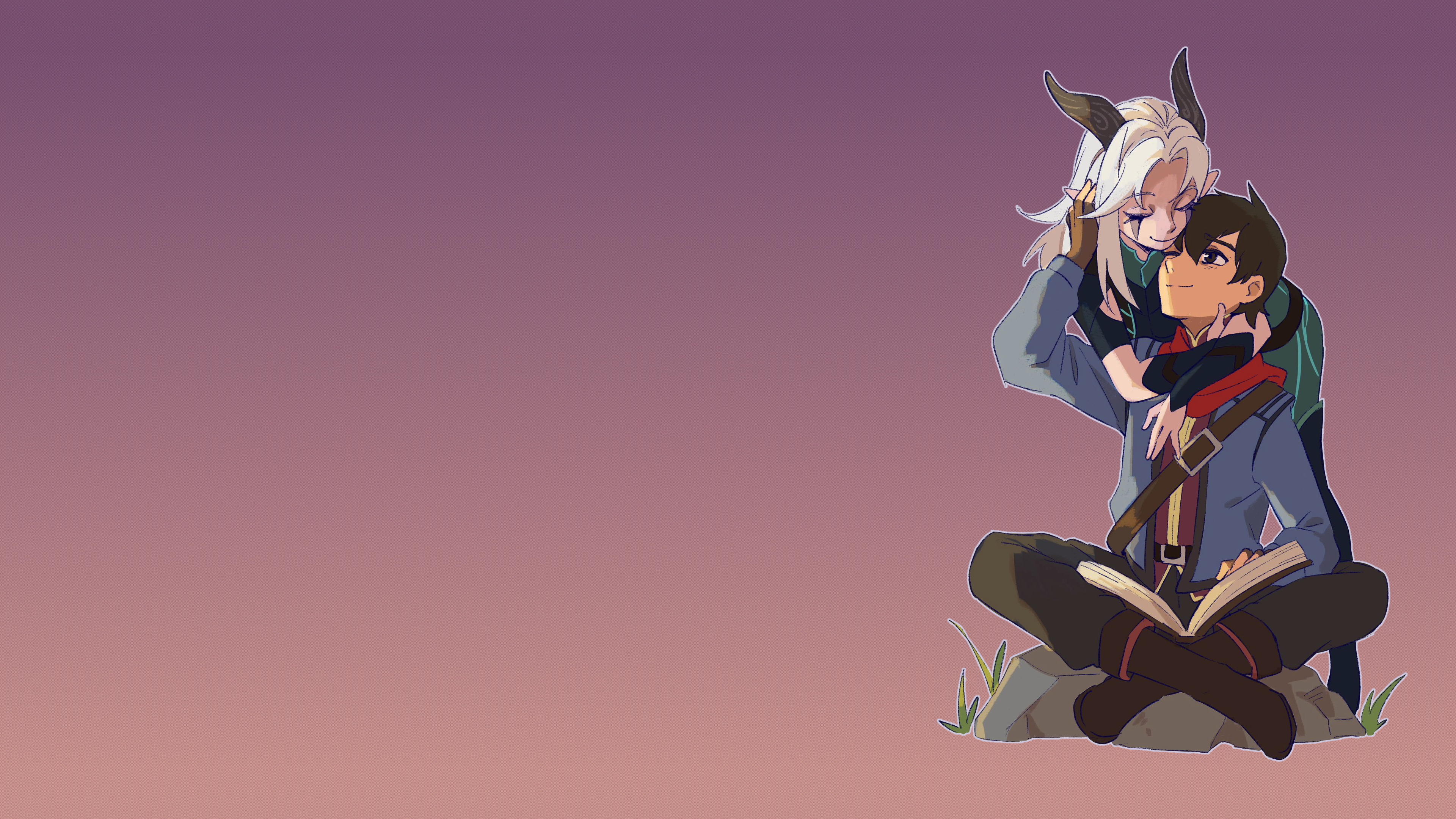 Anime 3840x2160 The Dragon Prince Callum Rayla  gradient simple background purple background horns elves elven purple skin white hair tight clothing boots leather boots jacket blue jacket scarf red scarfs gloves armlet bracelets hugging couple closed eyes brown eyes brunette long hair bangs short hair backpacks fingerless gloves pointy ears