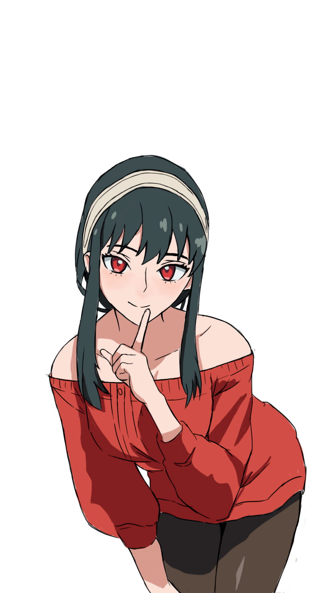 Anime 1080x1920 Yor Forger anime girls black hair red red eyes Spy x Family simple background smiling white background leaning hair between eyes blushing bare shoulders collarbone standing looking at viewer closed mouth long hair