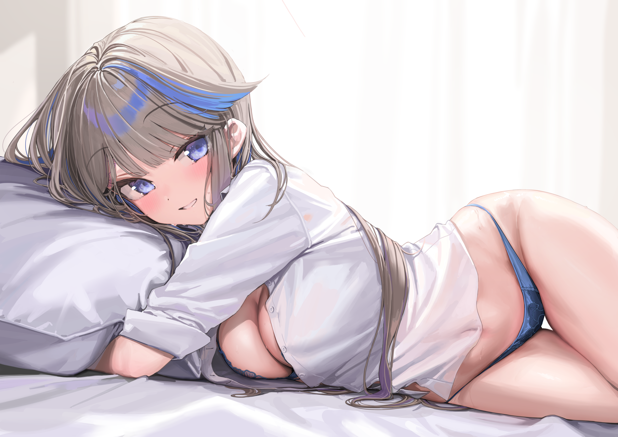 Anime 2456x1736 StelLive looking at viewer two tone hair blue eyes Airi Kanna(StelLive) in bed big boobs women indoors Kanzarin purple eyes lying down open shirt blue underwear panties blue panties underwear blue bra in bedroom cleavage white shirt long hair blunt bangs unbuttoned smiling pillow white sheets bright
