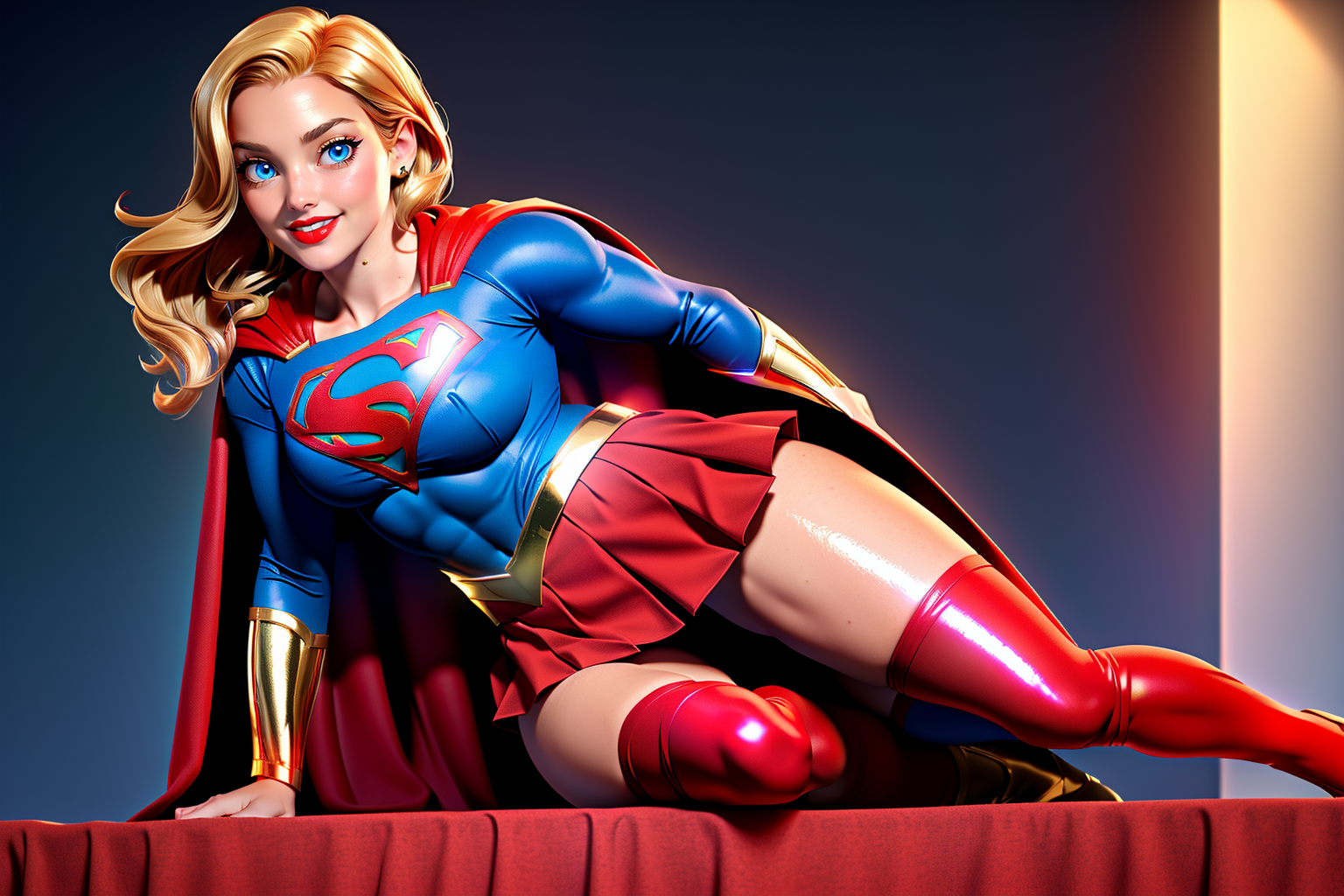 General 1536x1024 AI art Supergirl DC Comics superhero lying down toned female thigh-highs thighs long hair juicy lips red lipstick lipstick blue eyes blonde looking at viewer skirt cape superman logo