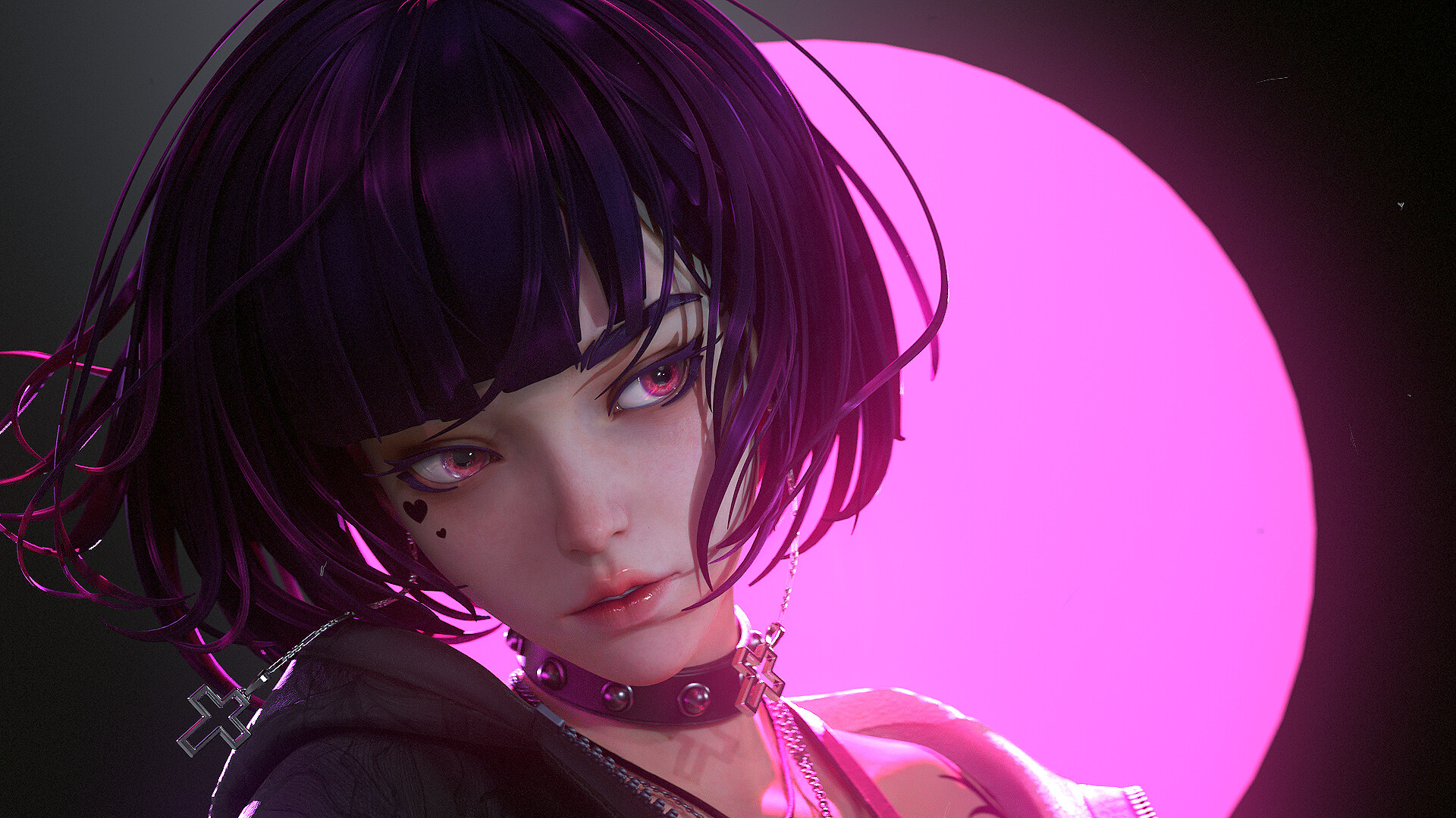 General 1920x1080 WshPzh CGI women portrait bob hairstyle pink simple background looking away short hair parted lips earring cross earrings choker purple hair purple eyes necklace gothic bangs closeup face anime