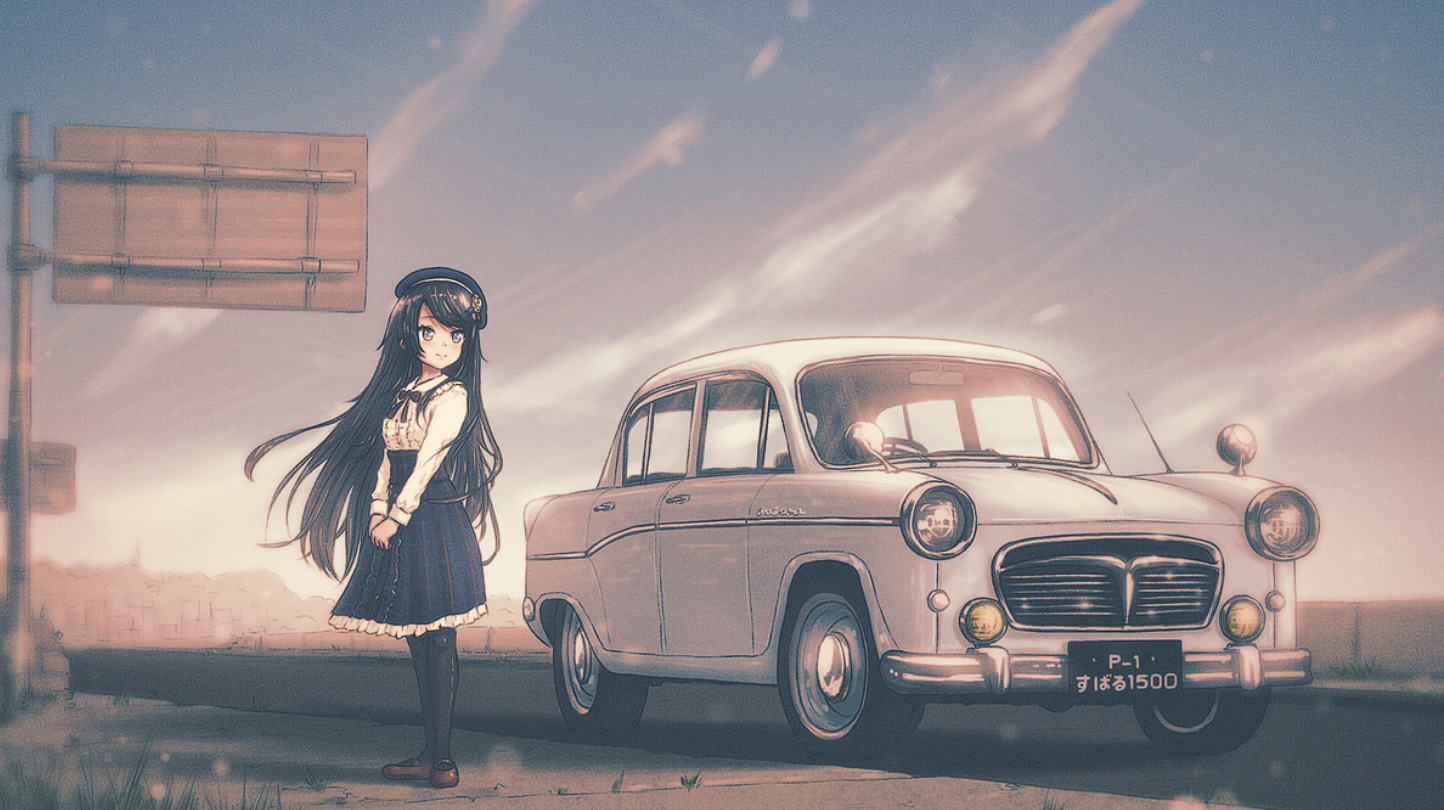 Anime 1444x810 anime anime girls highway long hair Subaru white cars frontal view headlights looking away standing sky skirt wind hair blowing in the wind dark hair closed mouth long sleeves long skirt Oozora Subaru Hololive Virtual Youtuber smiling road women with hats hat