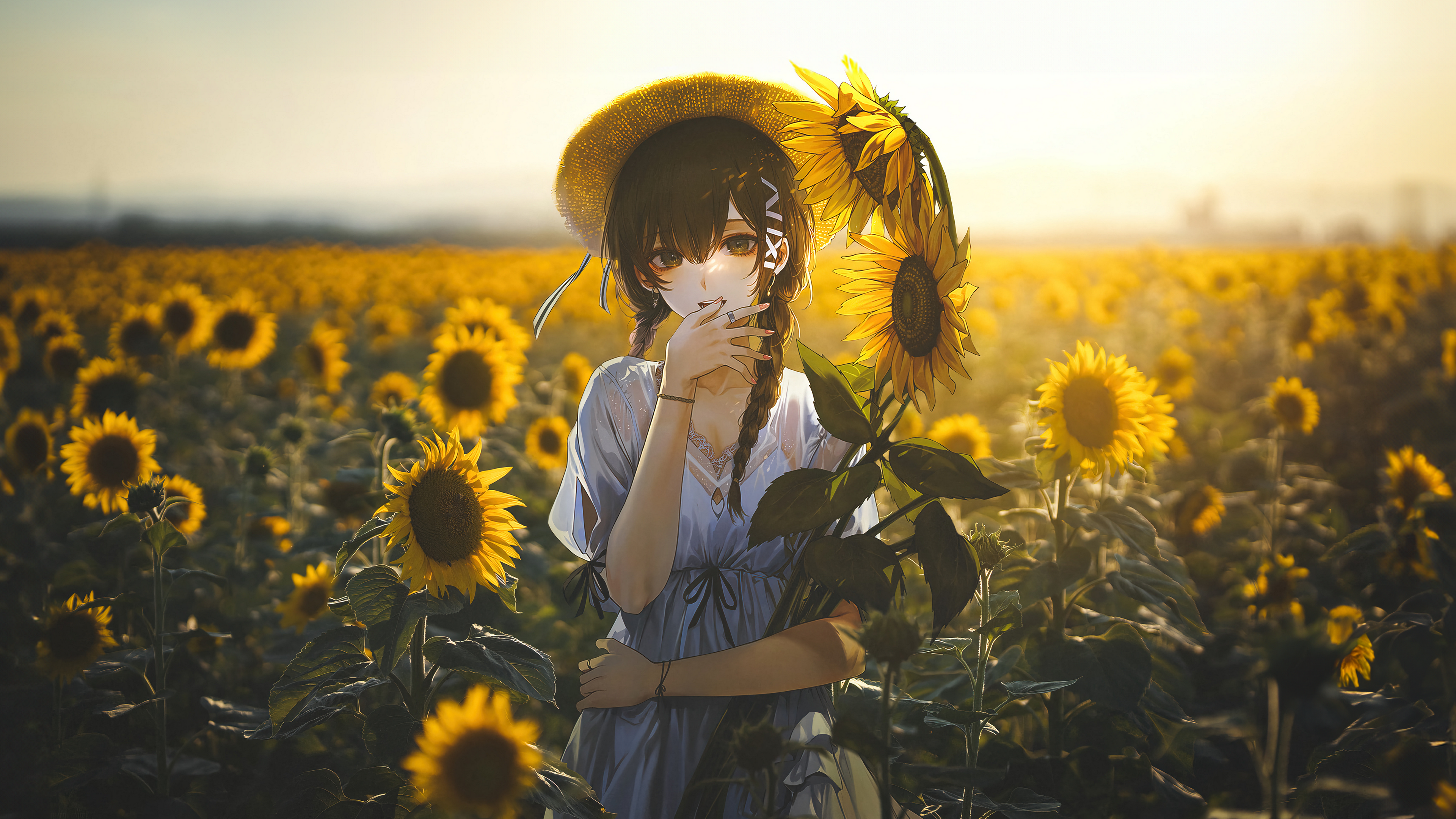 Anime 3840x2160 anime anime girls women sunflowers nature hat long hair brunette twintails white dress looking at viewer photography sunlight field blurry background 4K