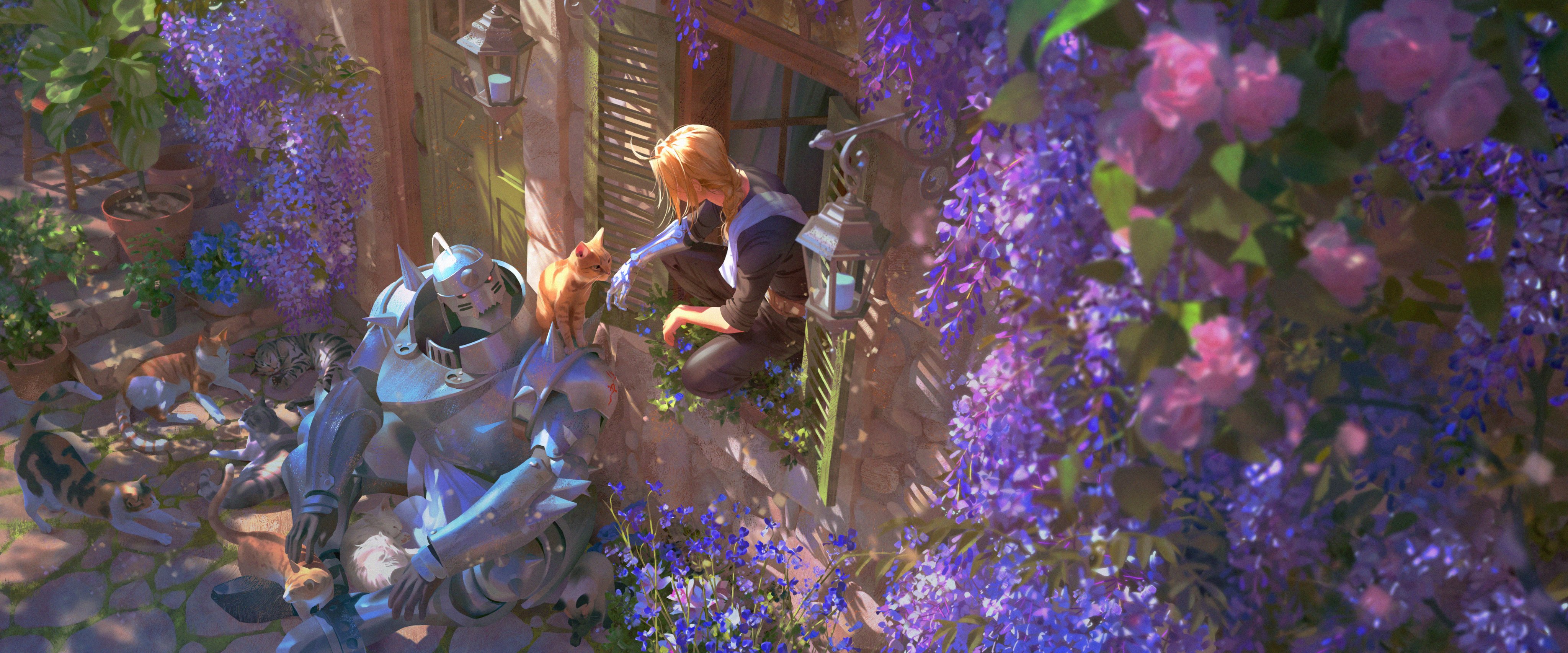 Anime 4096x1707 Full Metal Alchemist cats anime boys siblings Elric Edward armor Elric Alphonse flowers dappled sunlight nature outdoors squatting calico plants house