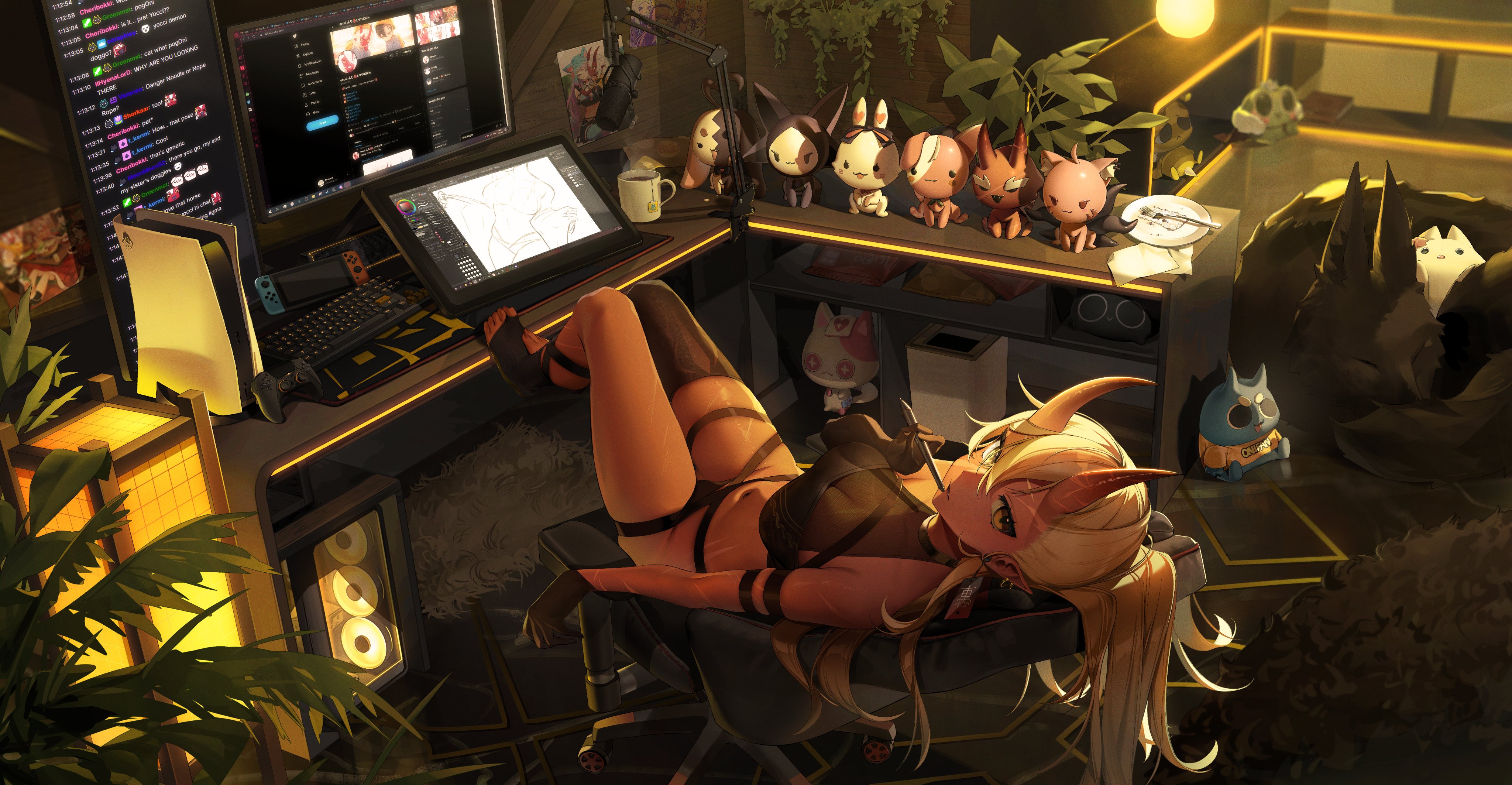 Anime 4096x2126 Yoclesh horns oni indie virtual youtuber chair looking at viewer long hair women indoors leaves plants pointy ears anime girls skindentation Twitter Nintendo Switch drawing tablet  Playstation 5 Twitch plates cup fork controllers tanned toeless legwear sitting swivel chair consoles lamp black gloves hair between eyes earring parted lips keyboards black thigh highs thigh-highs microphone Microsoft Windows monitor