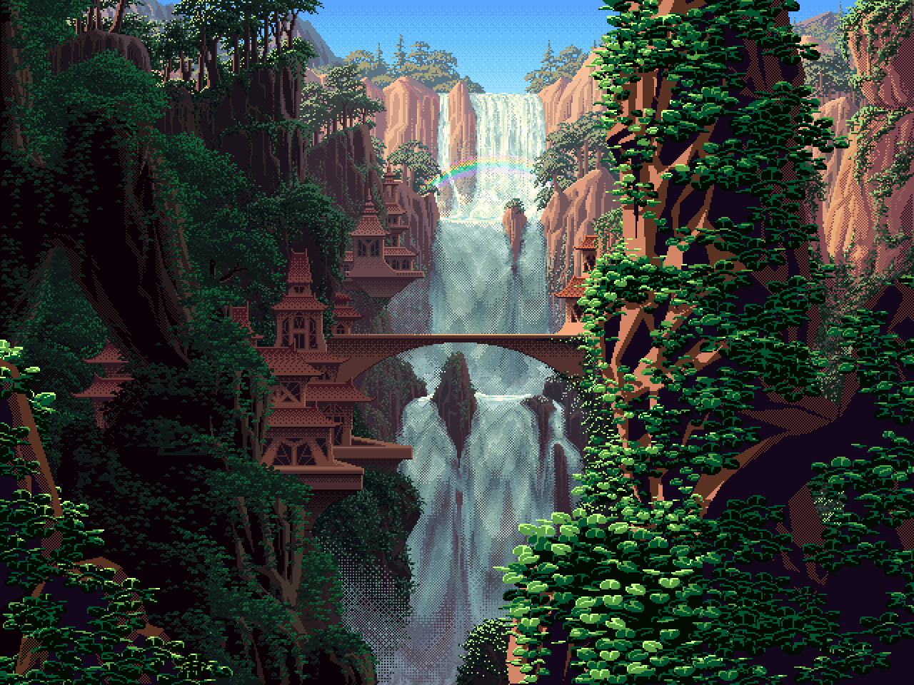 General 1280x960 pixel art nature waterfall rainbows trees Mark Ferrari digital art water sunlight leaves