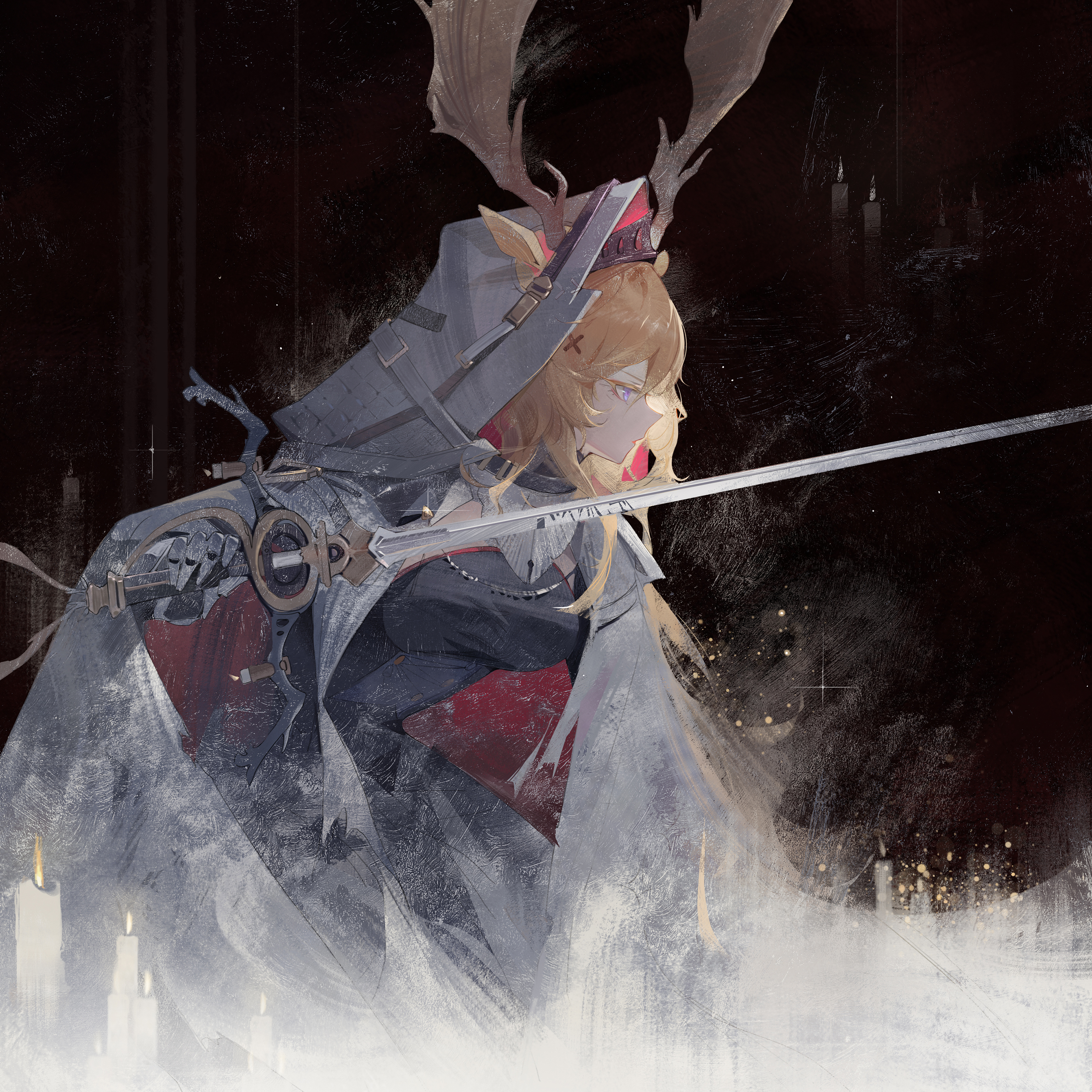 Anime 3000x3000 anime anime girls Viviana Droste (Arknights) The Candle Knight Viviana (Arknights) Arknights looking away sword women with swords long hair hoods closed mouth blue eyes blonde candles fire