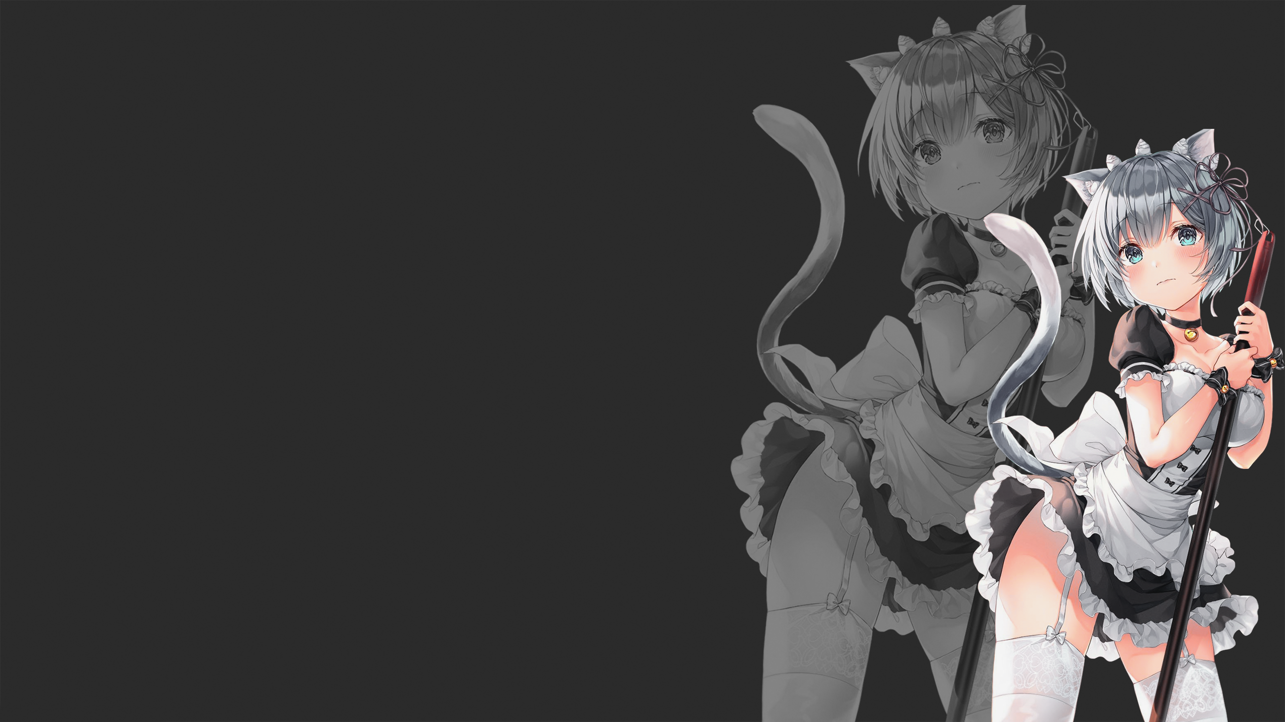 Anime 2560x1440 anime anime girls maid cat girl cat ears cat tail dark background maid outfit garter belt stockings