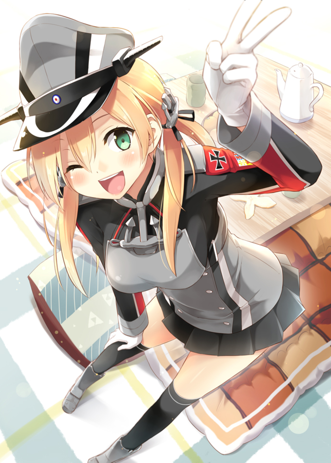 Anime 1380x1930 anime anime girls Kantai Collection Prinz Eugen (KanColle) twintails blonde solo artwork digital art fan art hat peace sign