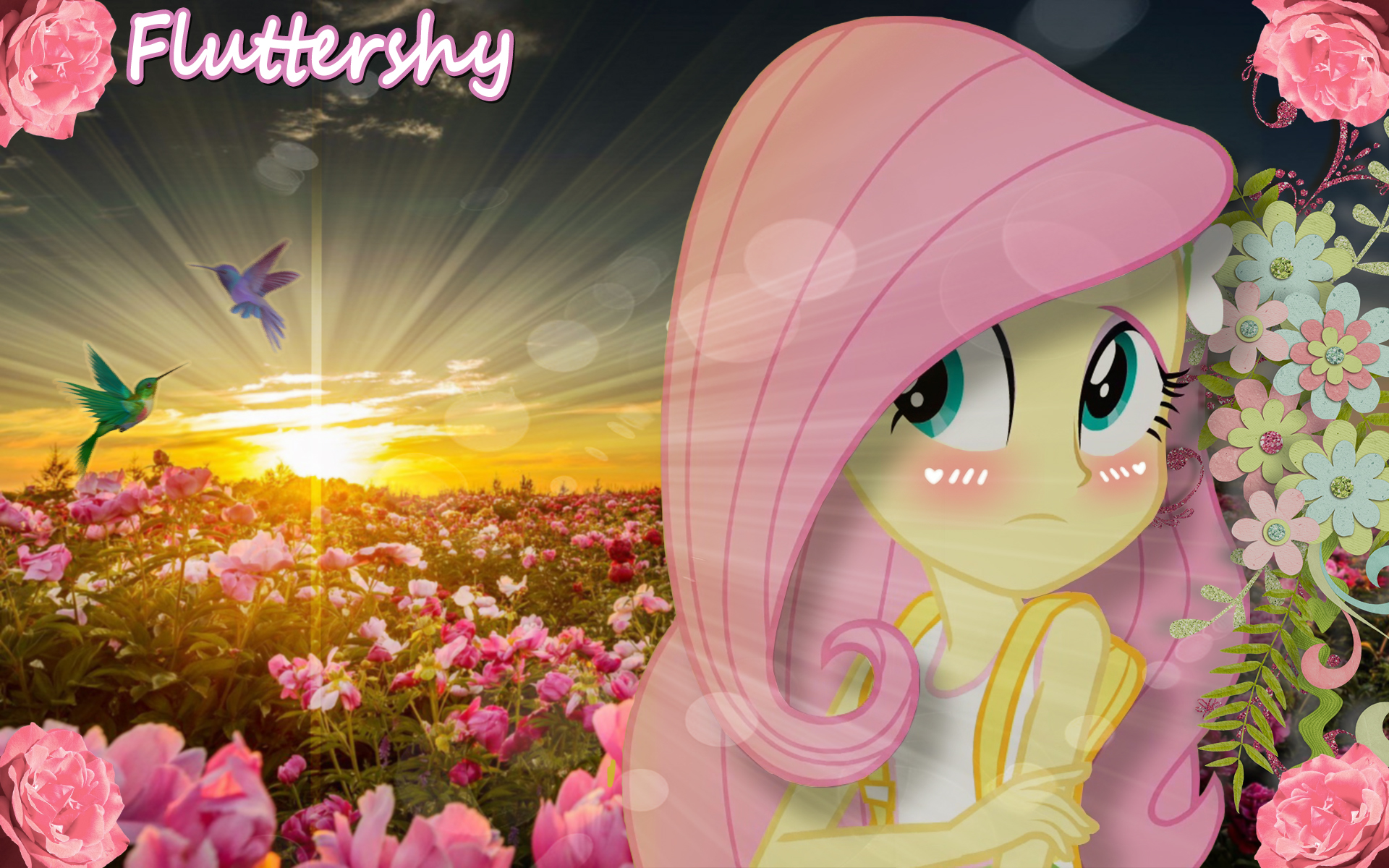 General 1920x1200 flowers sunset My Little Pony Fluttershy edit cartoon blushing pink hair birds