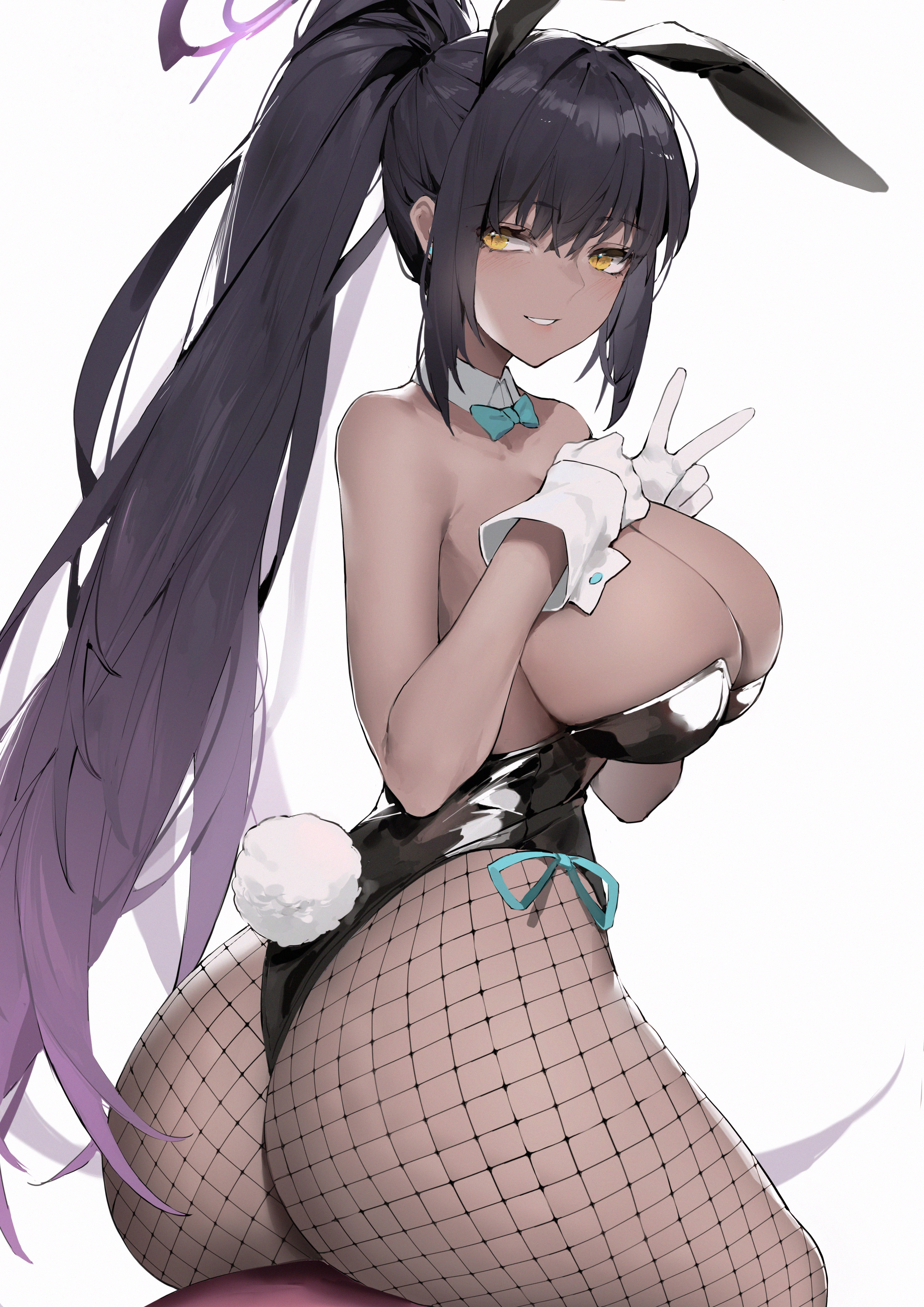 Anime 2780x3932 Blue Archive leotard bunny suit ass big boobs thighs tight waist ponytail long hair fishnet bunny ears bunny tail dark skin yellow eyes peace sign anime girls Kakudate Karin bow tie fishnet pantyhose smiling looking at viewer gloves