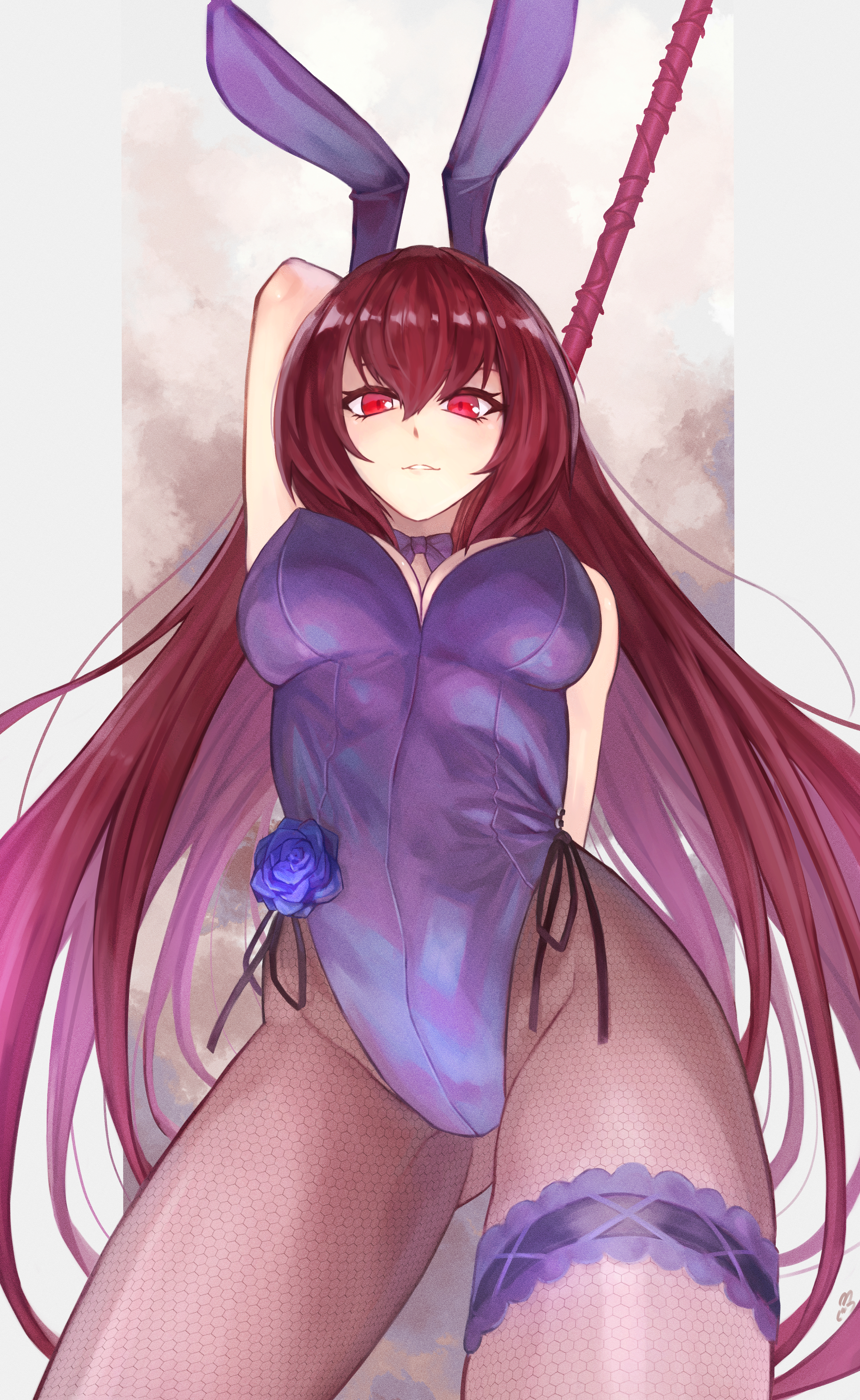 Anime 2907x4735 Fate series Fate/Grand Order anime girls bunny suit bunny ears purple hair purple eyes pantyhose blue rose Scathach