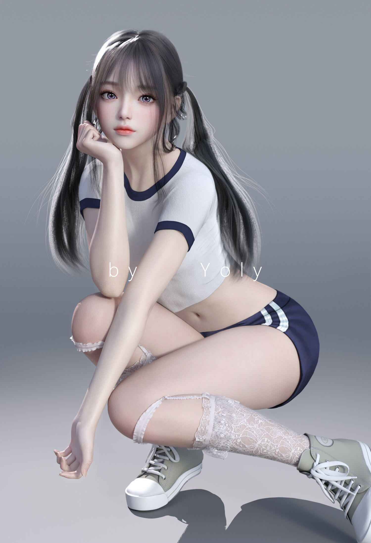 General 1500x2195 Asian women women indoors Yoly schoolgirl long hair squatting short shorts belly belly button twintails sportswear gym clothes