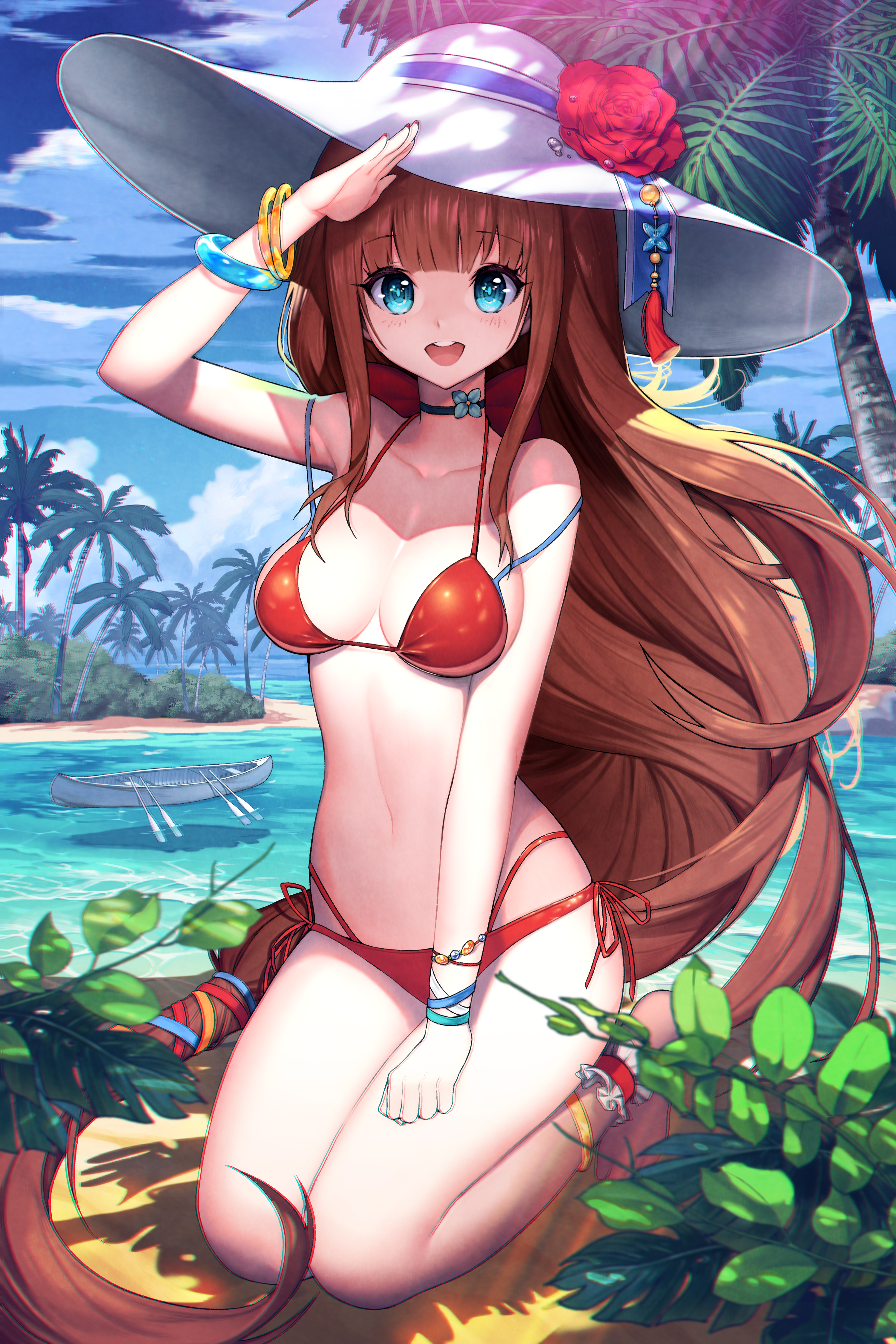 Anime 3000x4500 bikini red bikini chromatic aberration big boobs long hair anime girls salute palm trees hat beach sun hats kneeling brunette canoes blue eyes