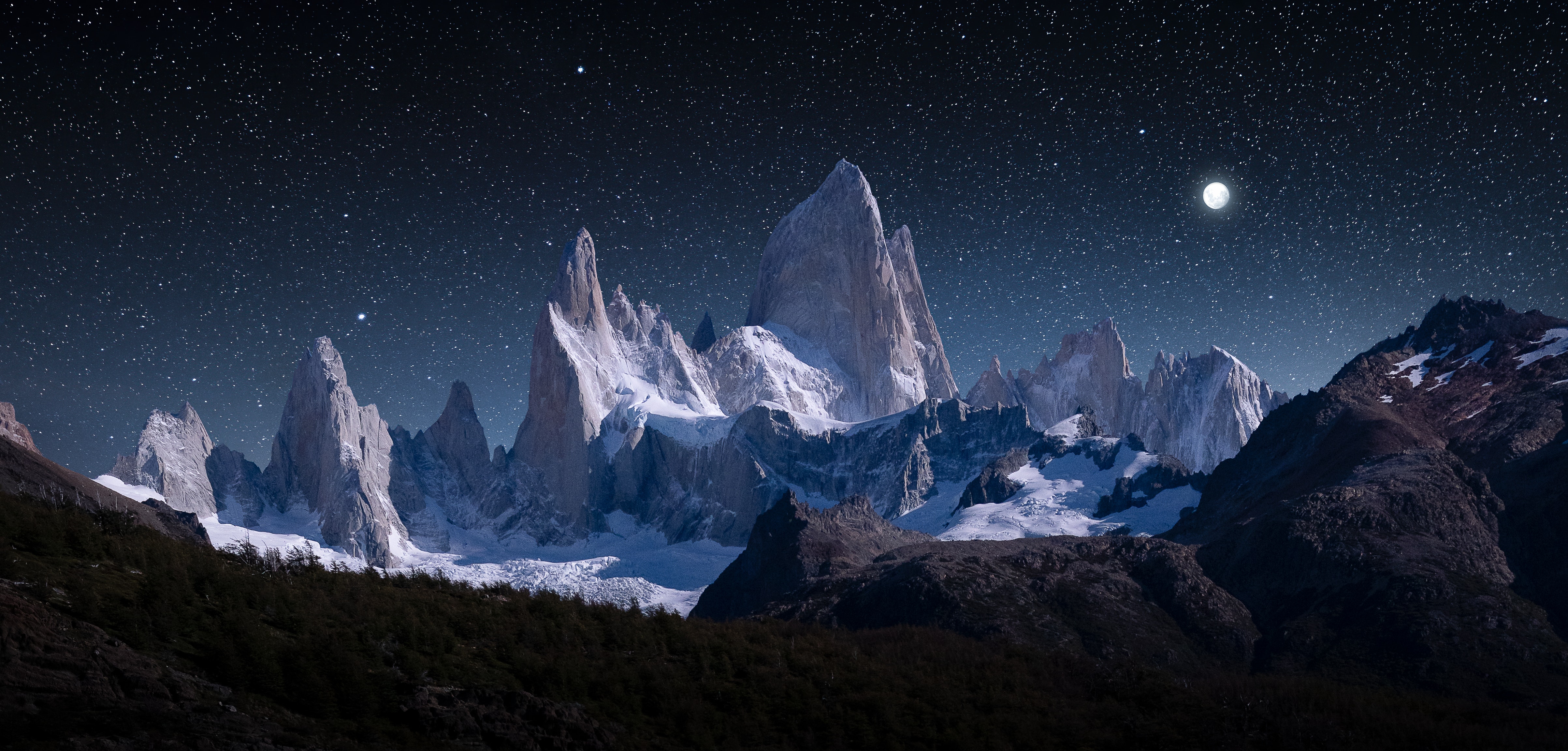 General 4812x2303 photography nature mountains stars night nightscape landscape snow starry night Moon