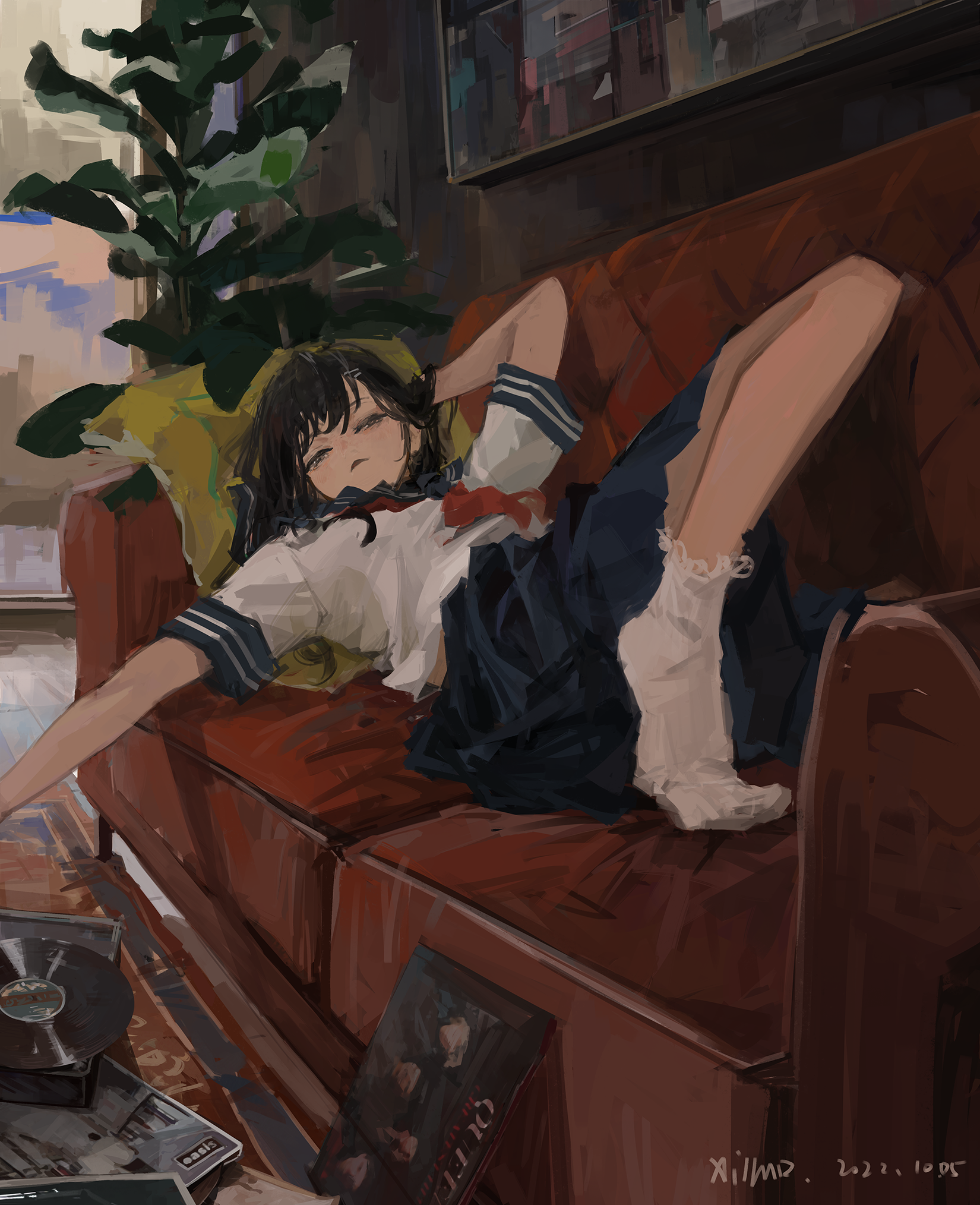 Anime 1650x2028 anime girls XilmO schoolgirl school uniform portrait display brunette couch lying down socks
