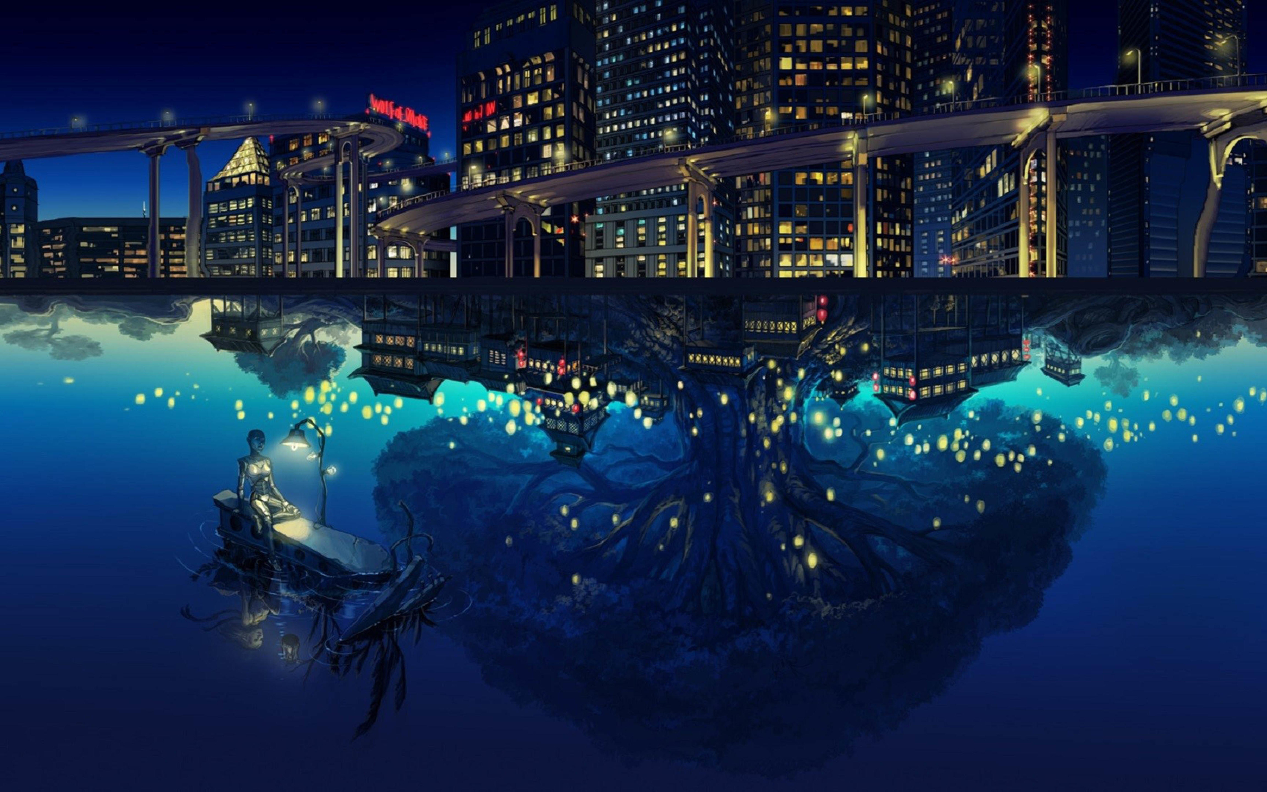 Anime 2560x1600 water reflection lights trees