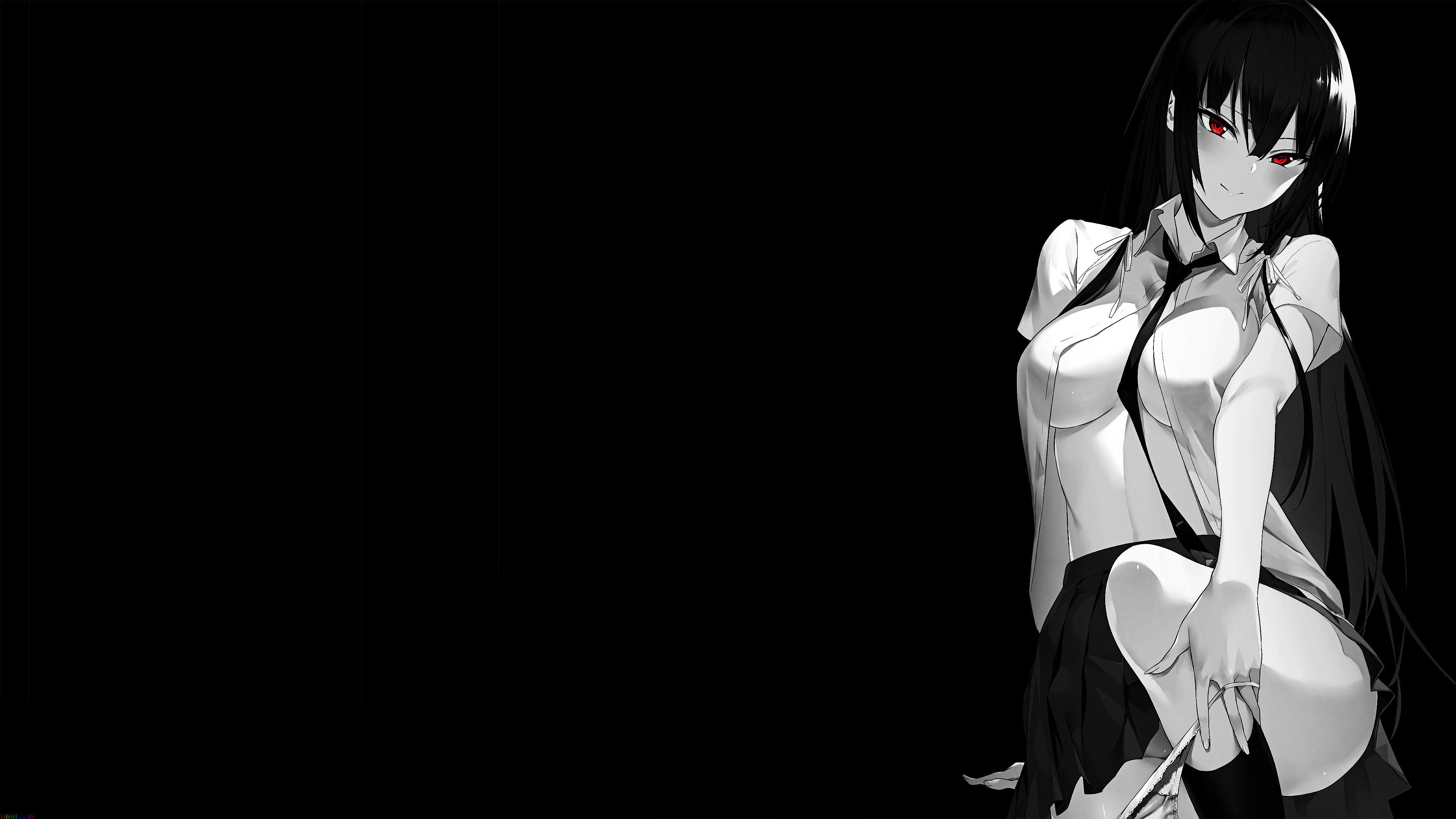 Anime 3840x2160 selective coloring black background dark background simple background anime girls skirt open shirt no bra big boobs Takamine Takane Haite Kudasai, Takamine-san removing panties Hiiragi Yuuichi