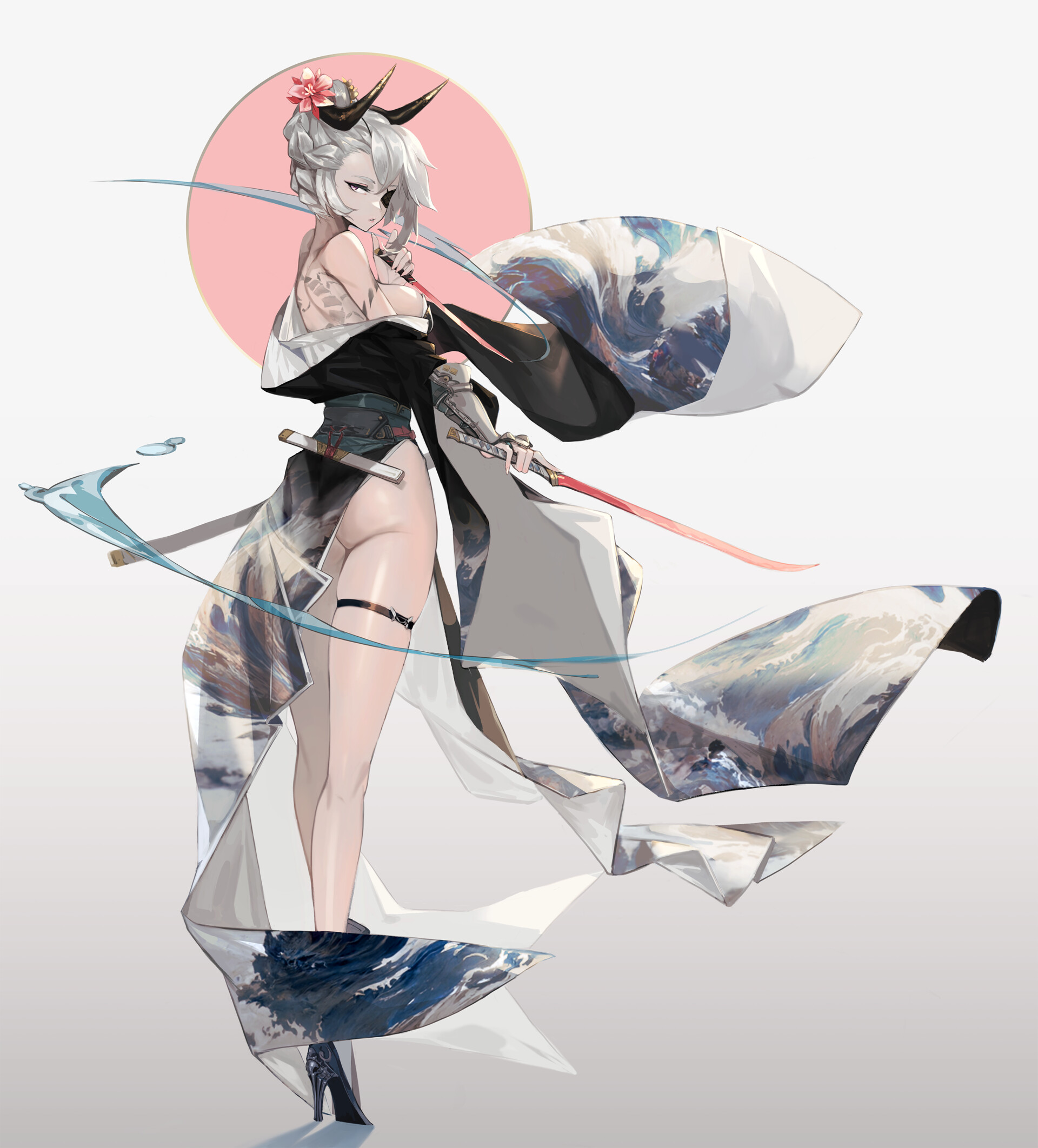 Anime 1920x2124 Bamuth Chen drawing women silver hair hair accessories flower in hair dress ass thigh strap weapon circle pink anime anime girls sword women with swords girls with guns legs heels white background horns fantasy art fantasy girl black clothing inked girls tattoo eyepatches slim body