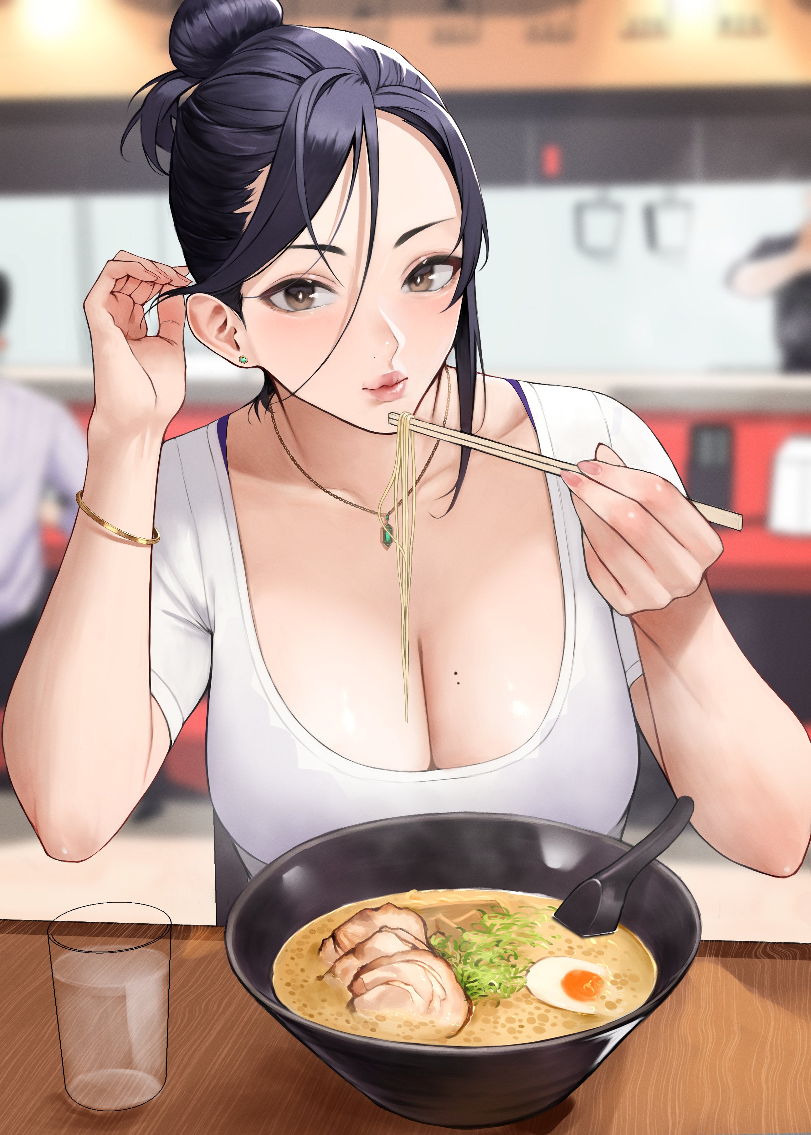 Anime 2591x3624 women sitting eating noodles food cleavage hairbun restaurant sticks anime girls big boobs