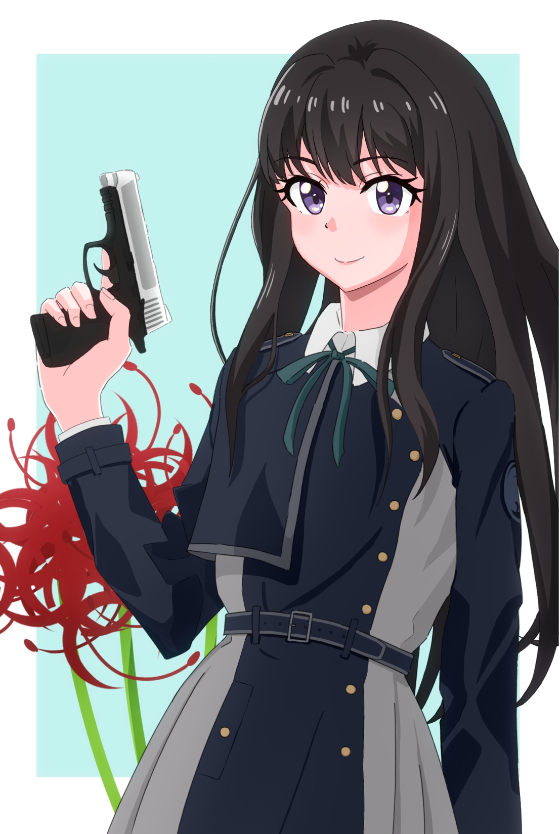 Anime 1107x1649 anime anime girls Lycoris Recoil Inoue Takina long hair black hair solo artwork digital art fan art gun girls with guns