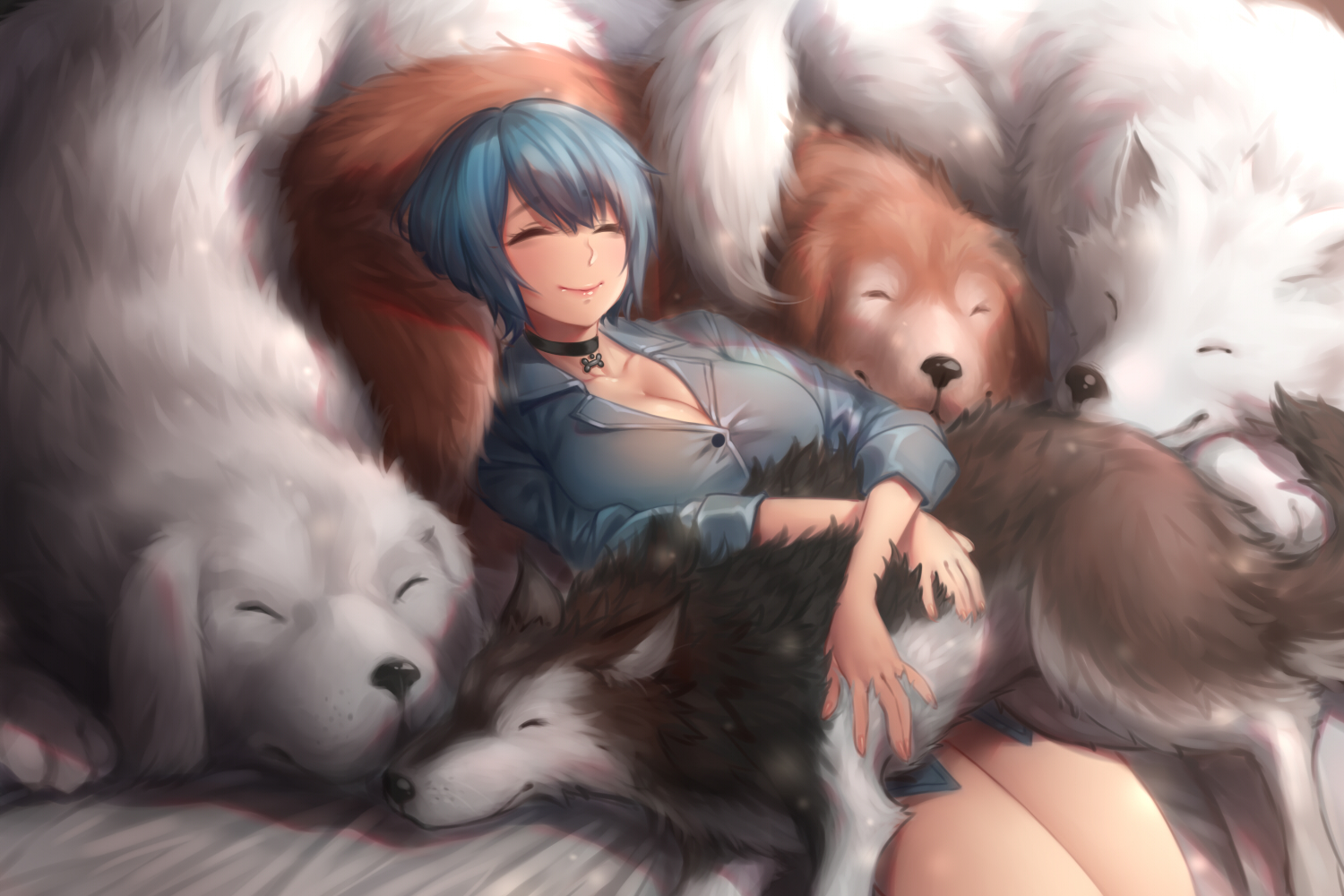 Anime 1500x1000 Yin-ting Tian curvy anime girls dog animals closed eyes sleeping smiling blue hair cleavage