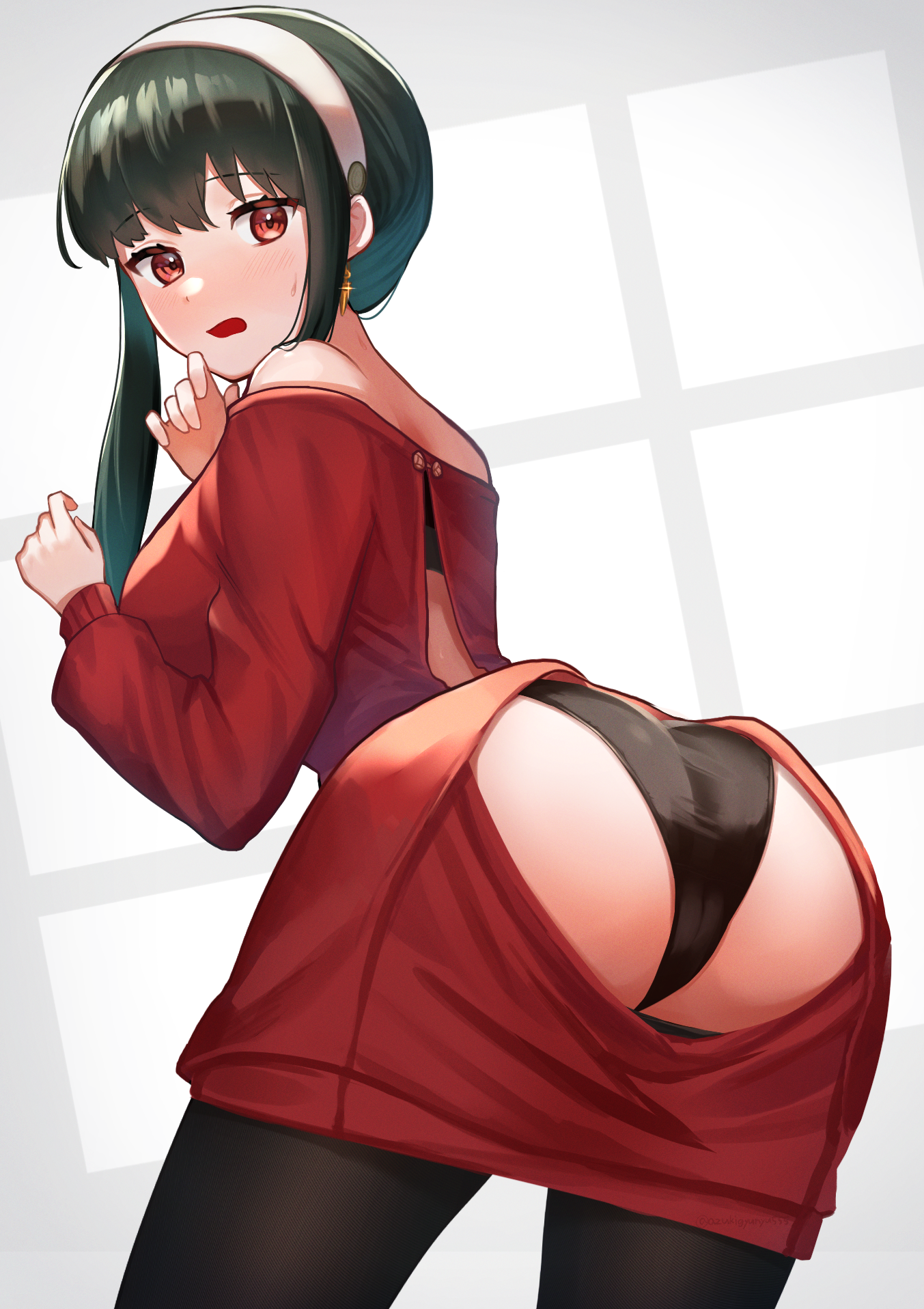 Anime 1353x1916 anime anime girls Yor Forger Spy x Family bent over panties ass red eyes black hair rear view looking back