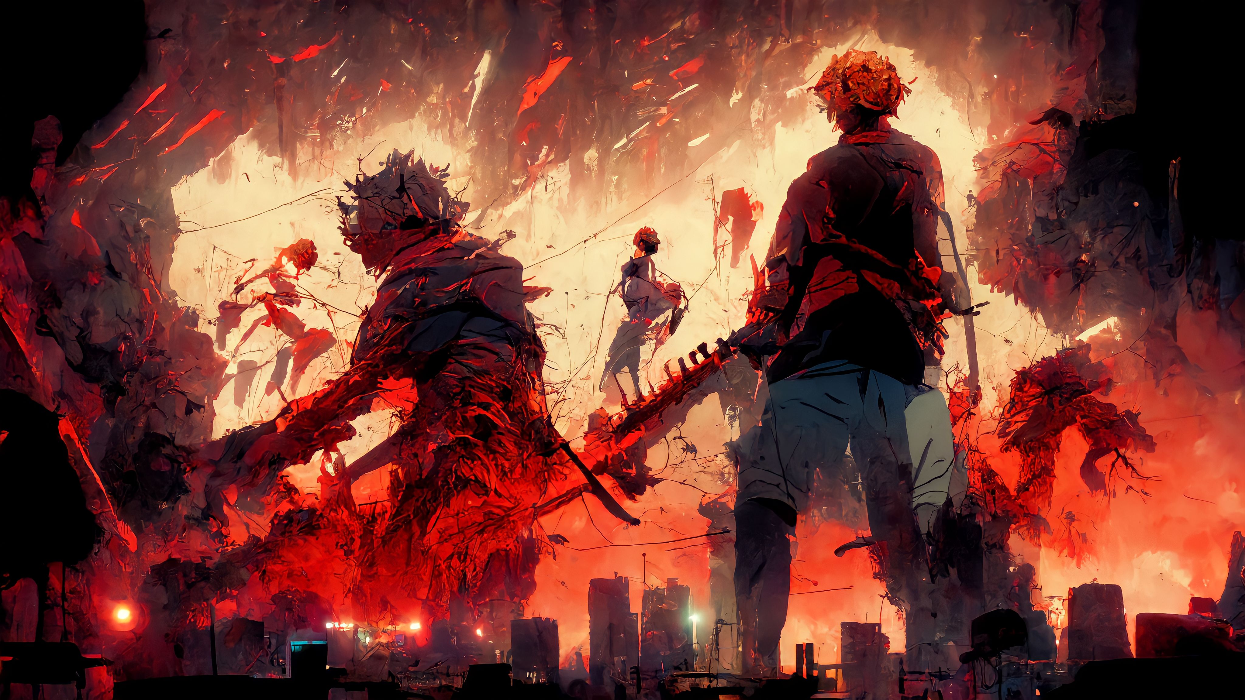 Anime 4096x2304 anime city anime Chainsaw Man chainsaws demon fighting red background anime boys AI art